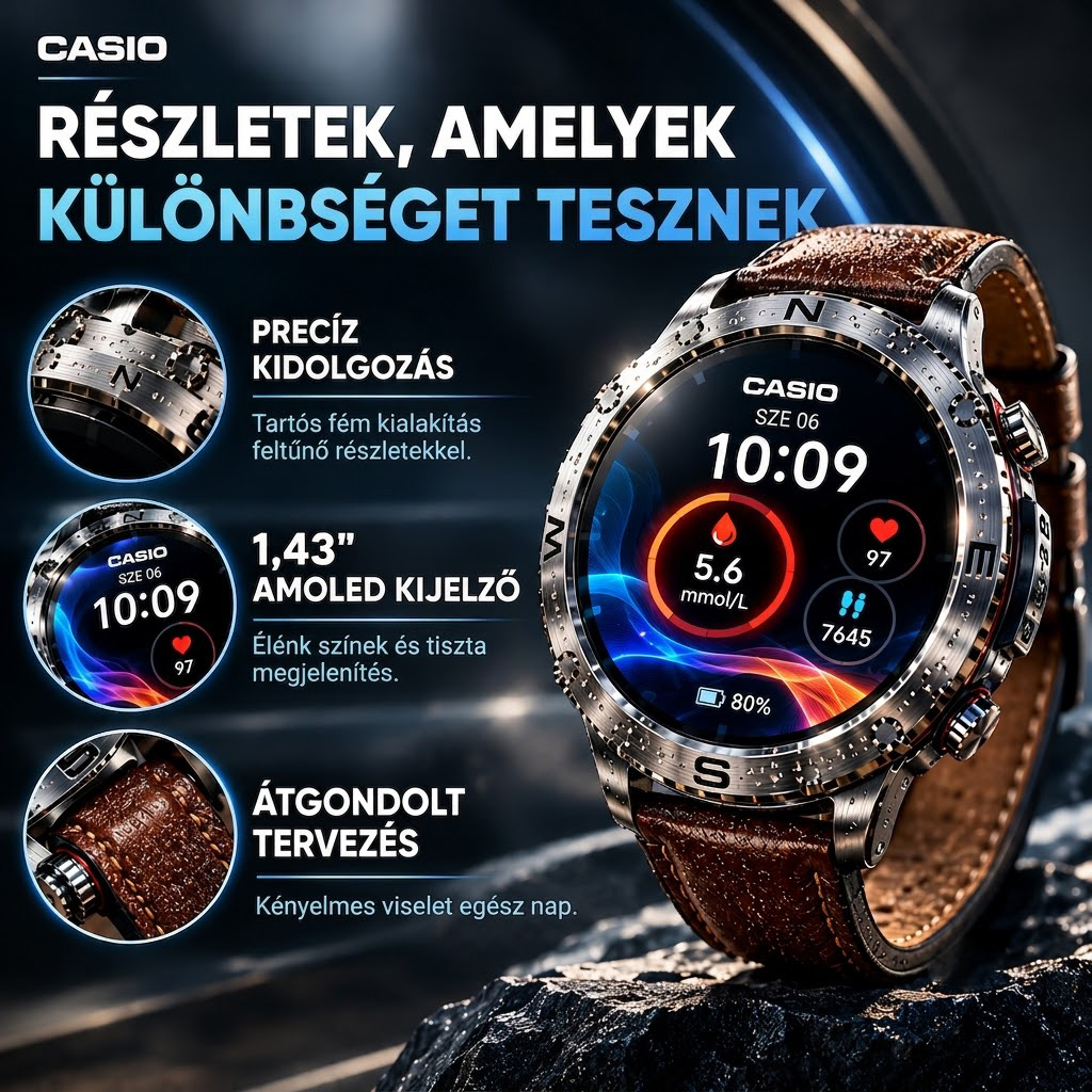 Casio stílusú AMOLED okosóra – támogatja a vércukorszint-mérést, a Bluetooth-hívásokat és több mint 100 sportüzemmódot.