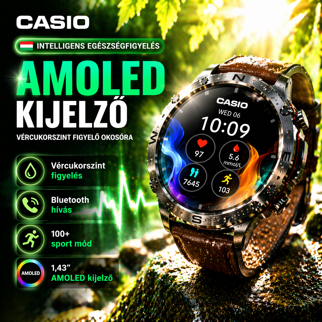 CASIO Stílusú AMOLED Okosóra – Vércukorszint Figyelés, Bluetooth Hívás, 100+ Sport Mód