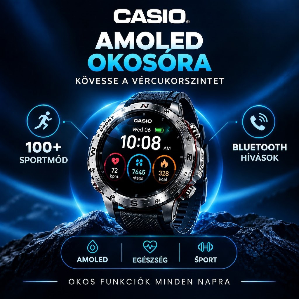 Casio stílusú AMOLED okosóra – támogatja a vércukorszint-mérést, a Bluetooth-hívásokat és több mint 100 sportüzemmódot.