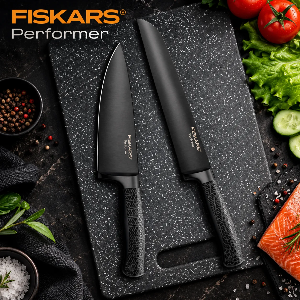 FISKARS® Performer sorozatú gyémántbevonatú konyhakéskészlet | Prémium 5 részes készlet elegáns díszdobozban