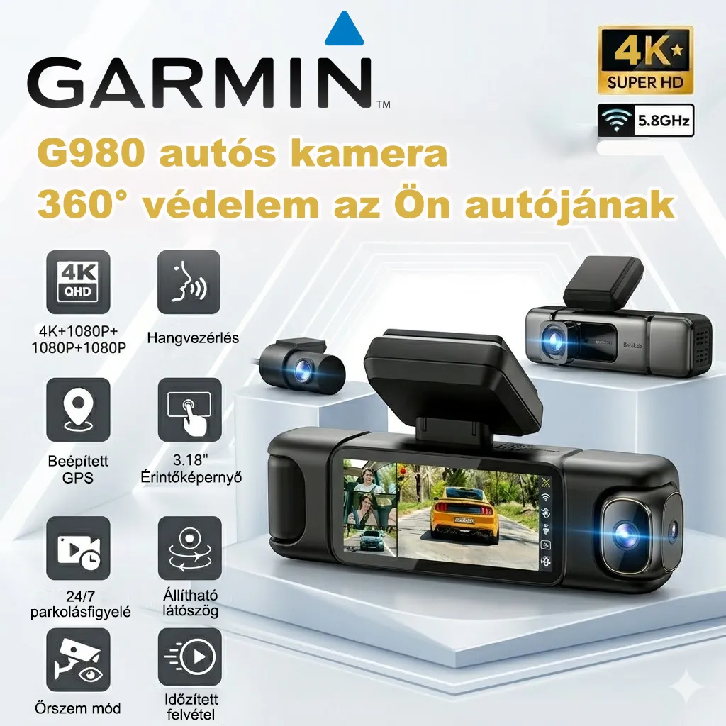 GARMIN G980 autós kamera mesterséges intelligenciával és hangvezérléssel, négykamerás rendszerrel, 360°-os panorámanézettel, 4K ultra HD éjszakai látással és GPS követéssel felszerelve.