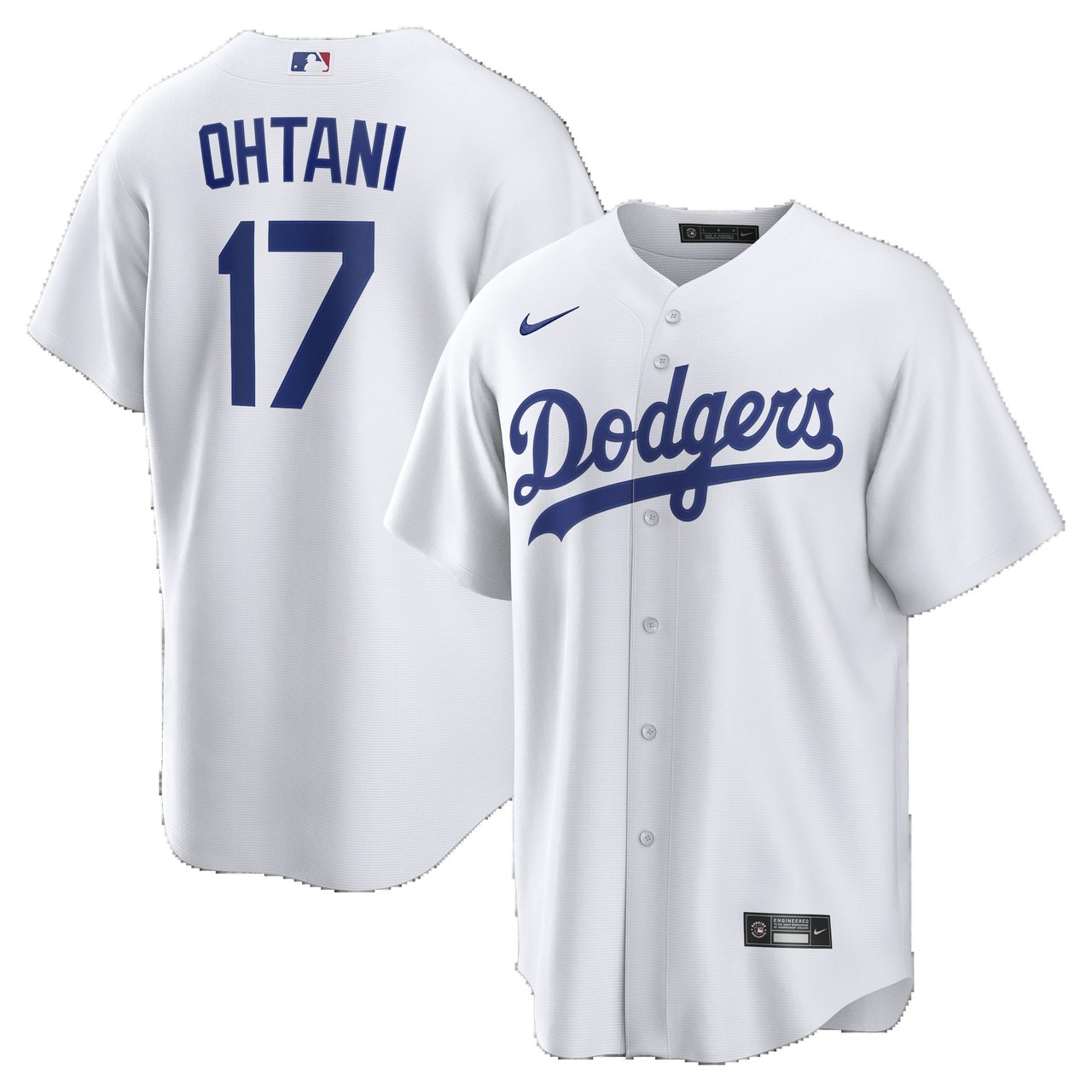 White Los Angeles Dodgers home baseball jersey with OHTANI 17 printed in royal blue on the back