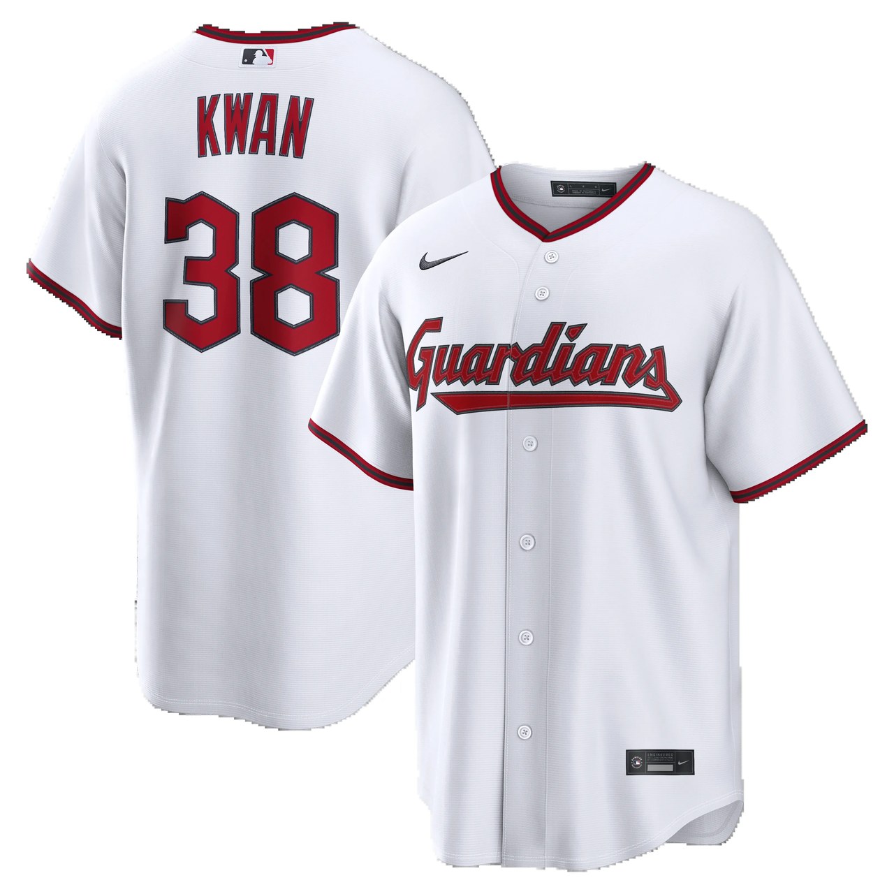 White Cleveland Guardians home baseball jersey with KWAN 38 printed in red on the back