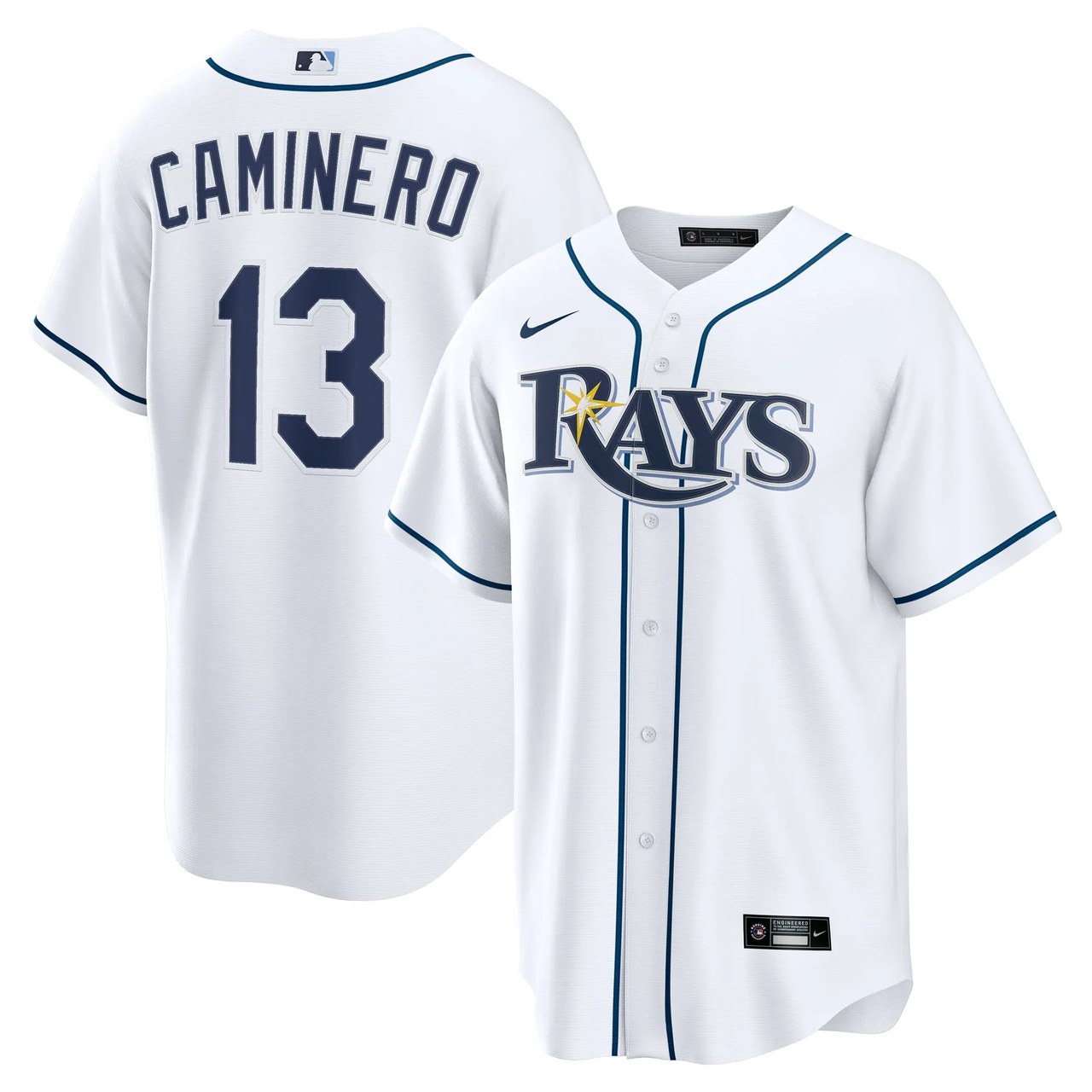 White Tampa Bay Rays home baseball jersey with CAMINERO 13 printed in navy on the back