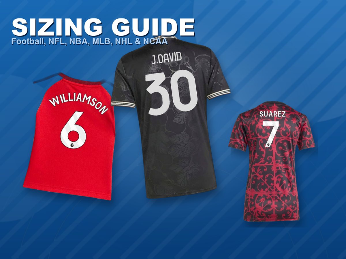 Football shirts in three sizes - Arsenal baby kit, Liverpool adult shirt and Juventus third shirt - on a blue Jersey Pro Center background