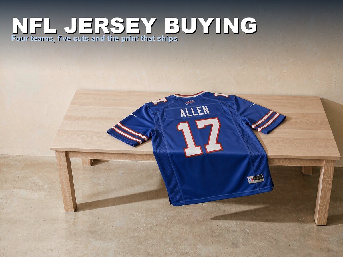 A royal blue Buffalo Bills jersey with ALLEN 17 printed on the back, laid flat on a pale oak bench against a cream plaster wall