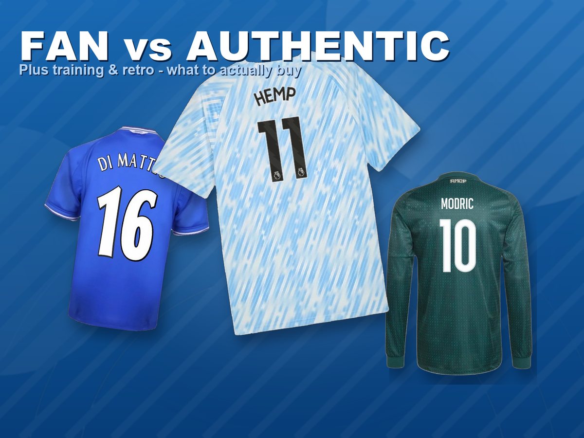 Three shirt types compared - Chelsea 2000-01 retro home, Real Madrid authentic long-sleeve away and Manchester City training jersey - on a blue background