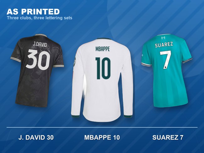 Backs of three printed football shirts showing MBAPPE 10, J. DAVID 30 and SUAREZ 7