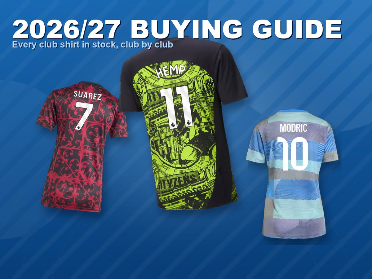 Three 2026-27 European football shirts - Liverpool, Real Madrid and Manchester City - on a blue Jersey Pro Center studio background