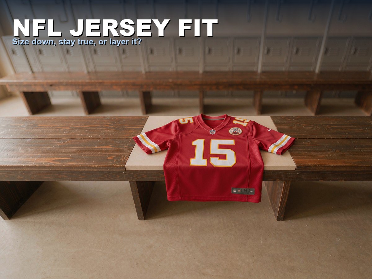 A red Kansas City Chiefs football jersey laid out on the wooden bench of an empty stadium changing room
