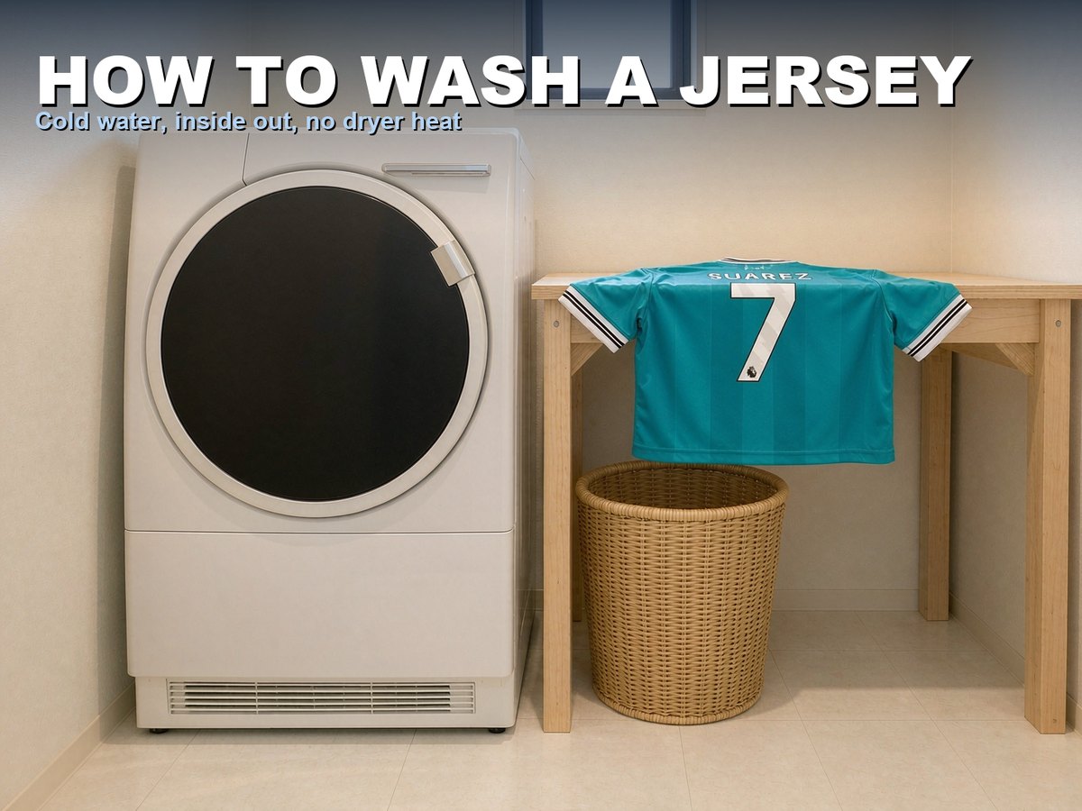 A teal Liverpool football shirt laid flat on a wooden laundry table beside a front-loading washing machine