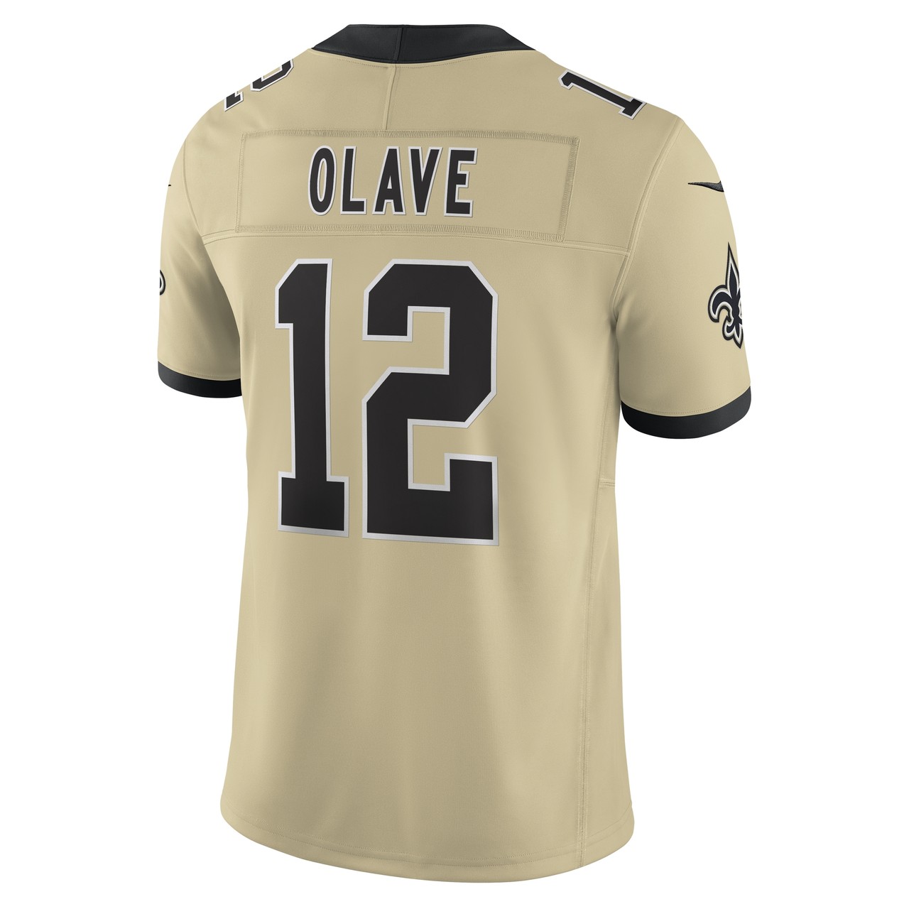 New Orleans Saints gold alternate jersey with OLAVE 12 printed in black on the back