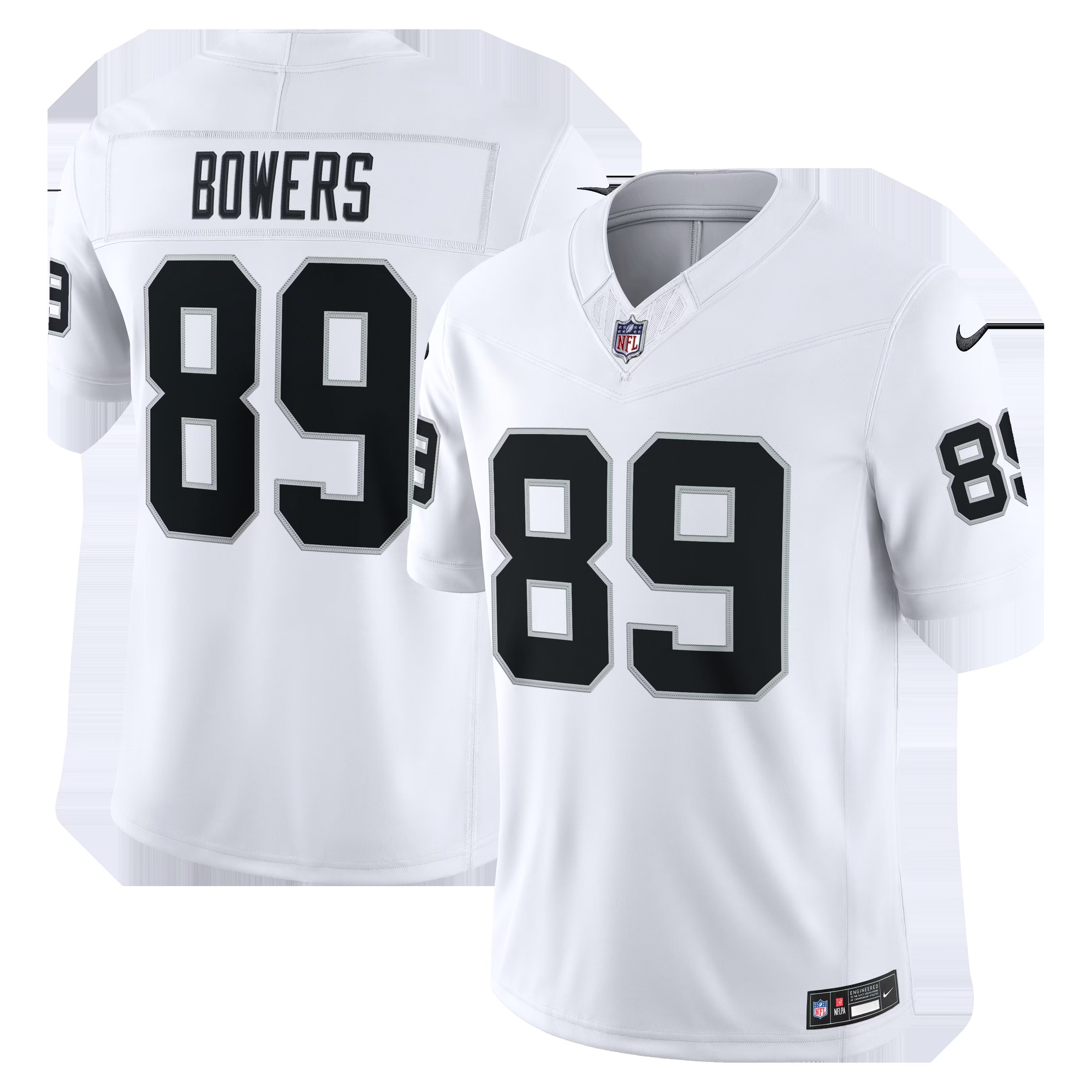 A white Las Vegas Raiders home limited american football jersey with BOWERS 89 printed in black on the back