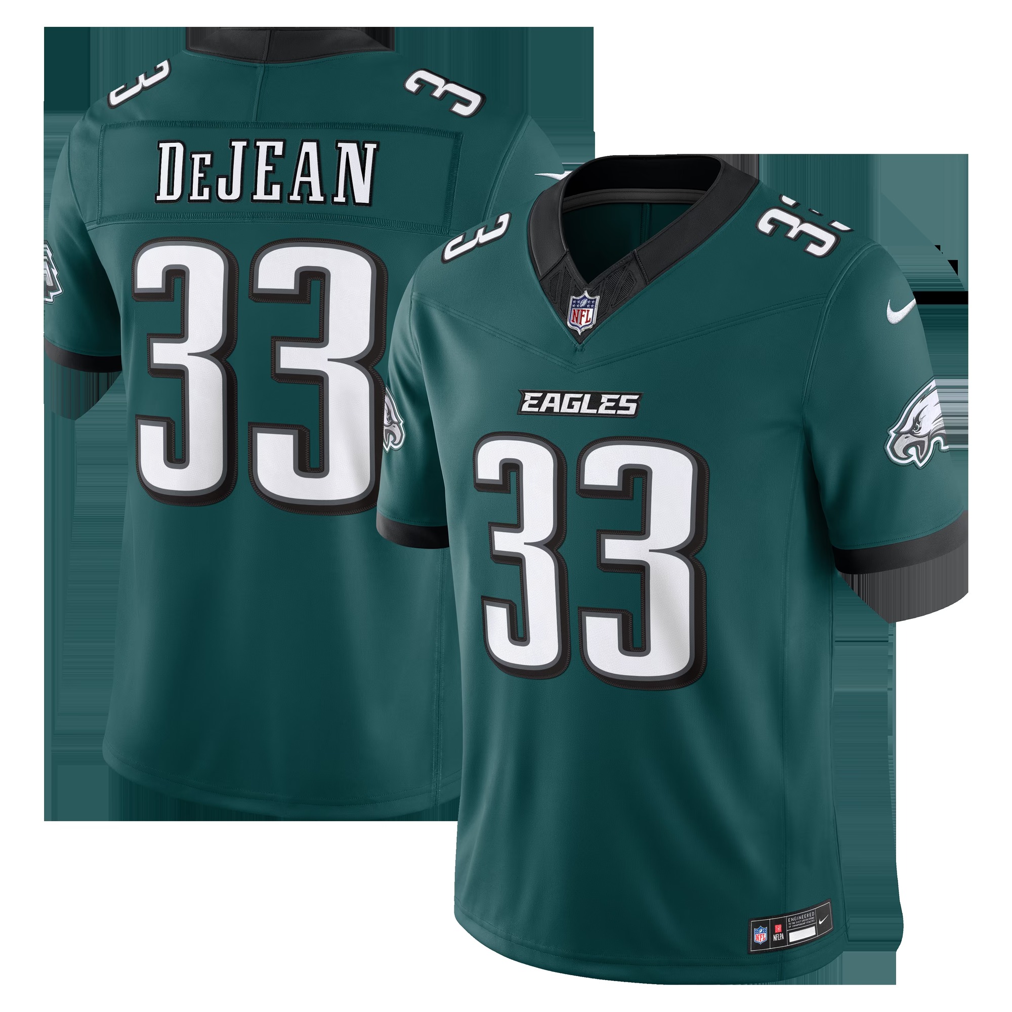Philadelphia Eagles midnight green home jersey with DEJEAN 33, shown front and back