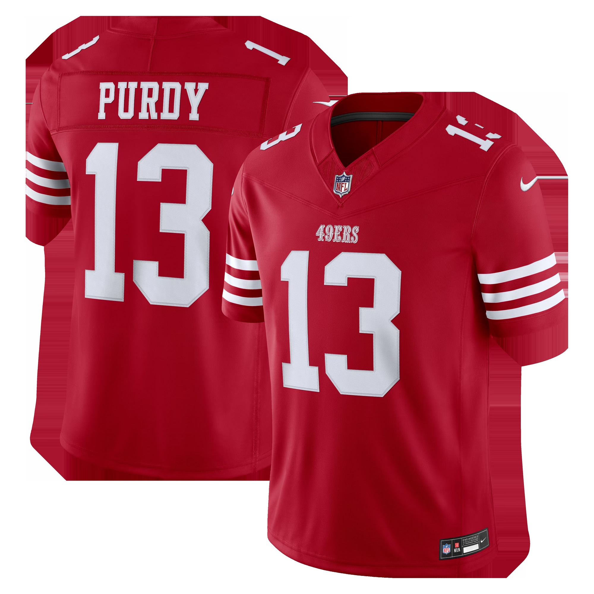 San Francisco 49ers scarlet home jersey with PURDY 13, shown front and back