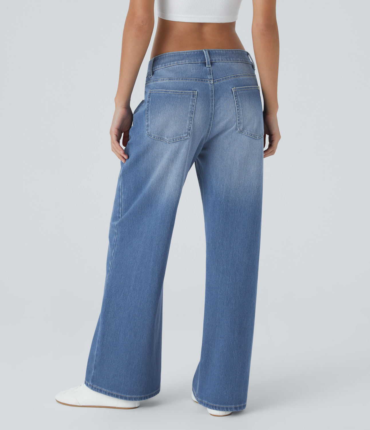 Magic Low Rise Button Zipper Multiple Pockets Washed Stretchy Knit Wide Leg Casual Jeans