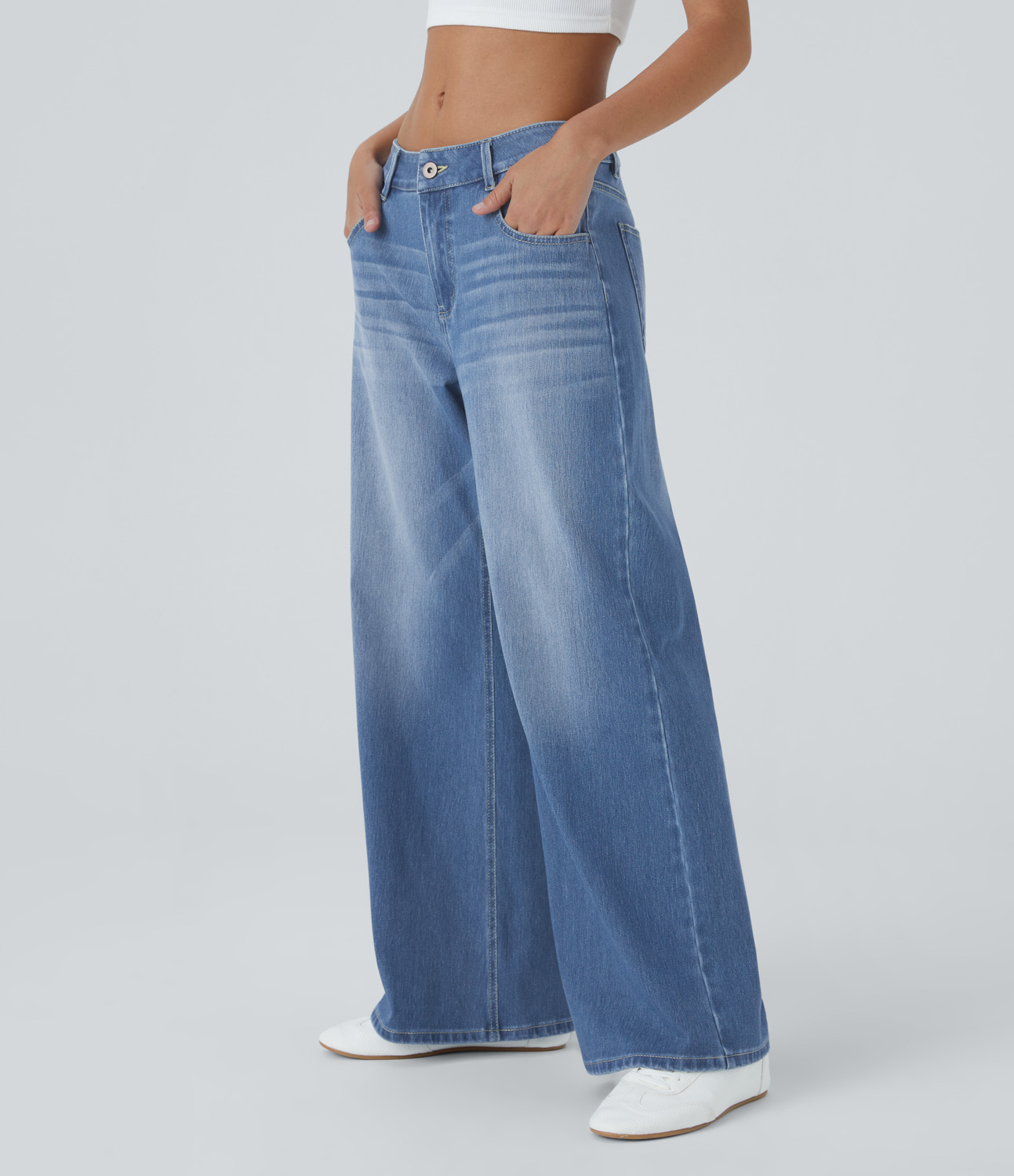 Magic Low Rise Button Zipper Multiple Pockets Washed Stretchy Knit Wide Leg Casual Jeans