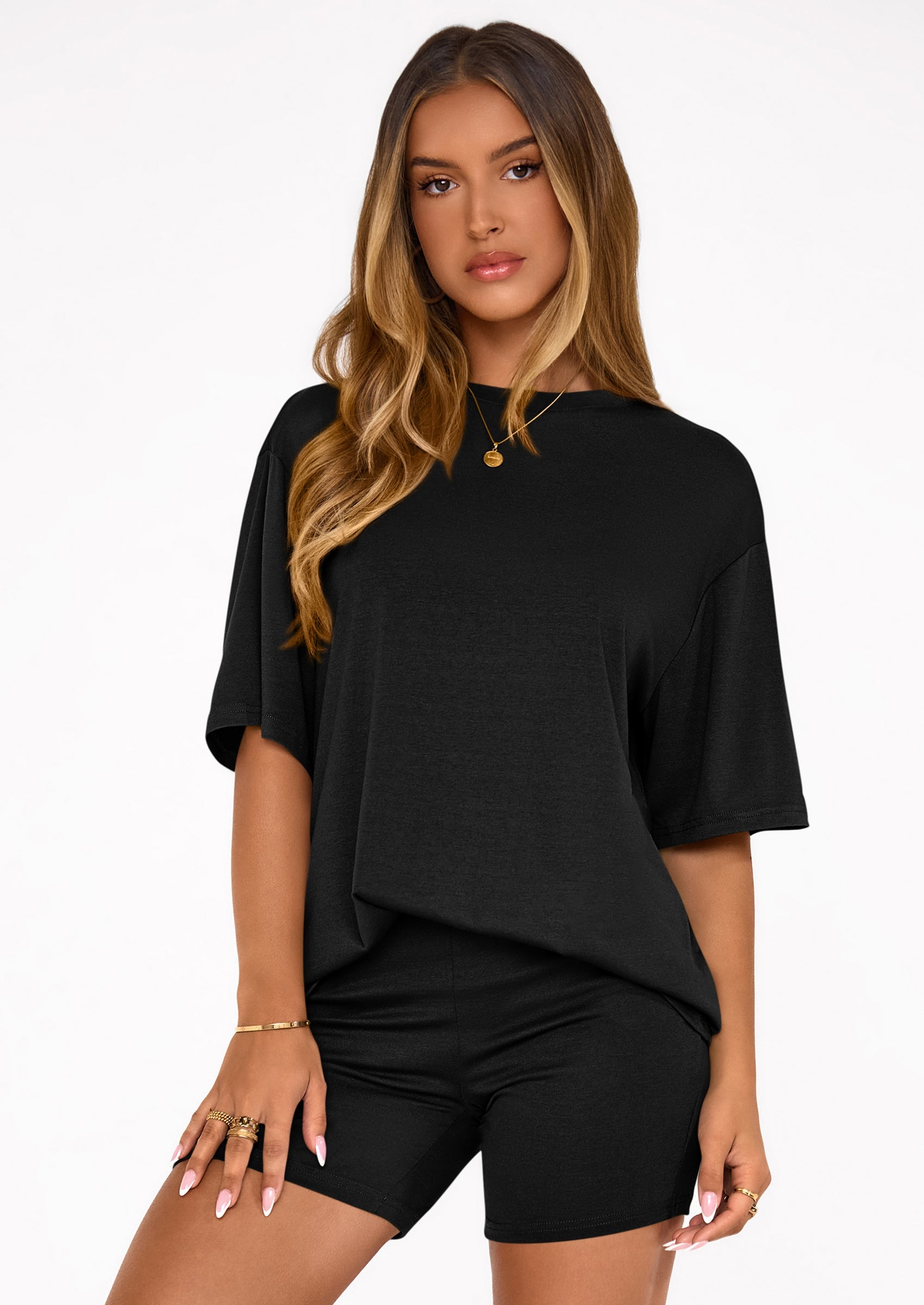 Women's Two Piece Matching Lounge Sets Summer Casual Tops Short Sleeve Shirts Shorts Travel Airport Outfits