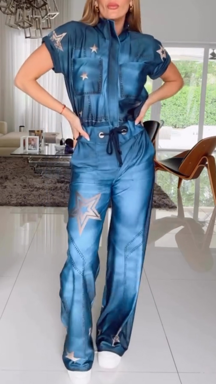 Women's Zipper Printed Lace-up Casual Jumpsuit