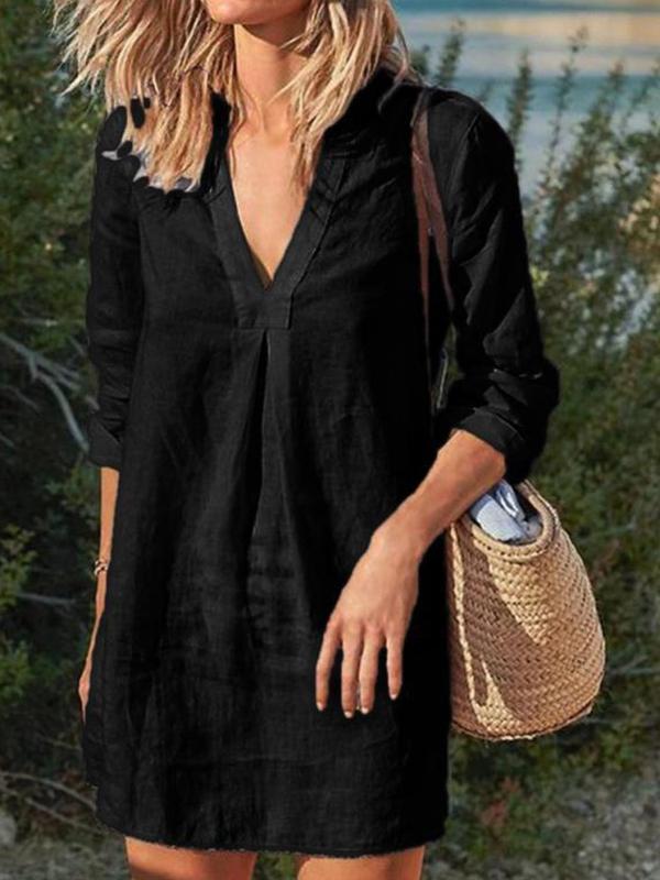 Women's Cotton Linen Solid Color V-neck Mid-length Casual Long-sleeved Dress