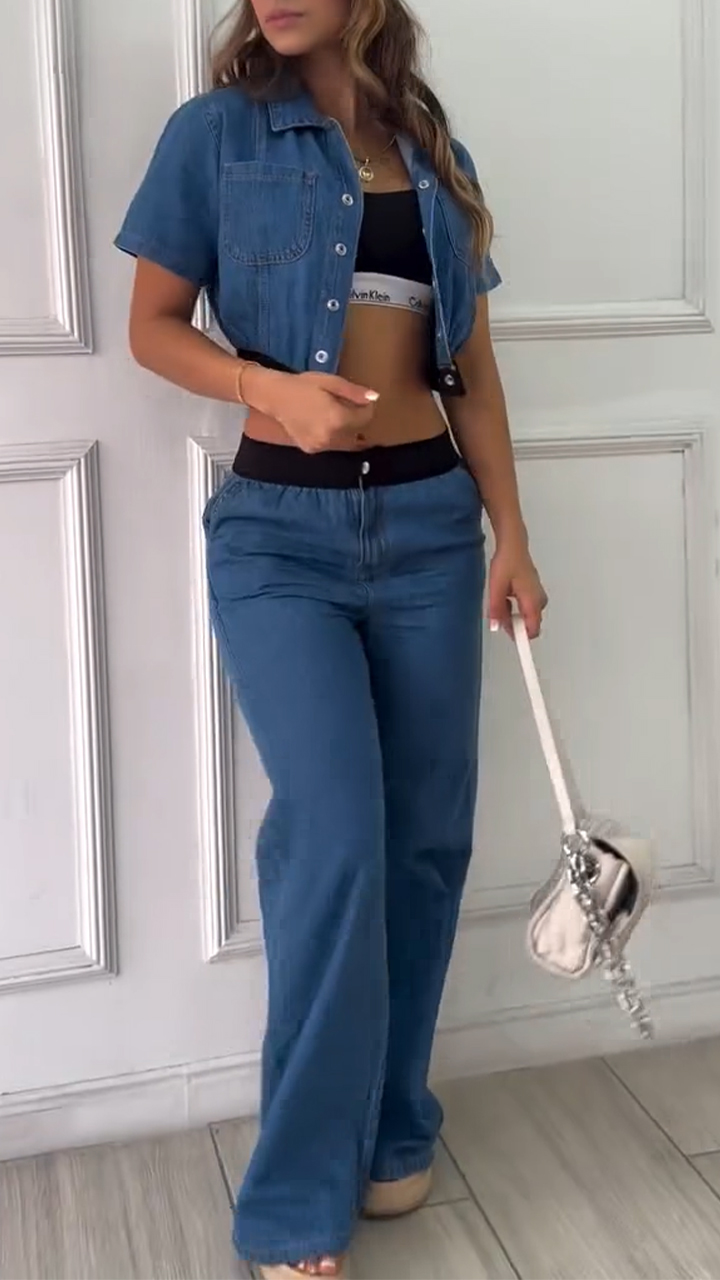 Women's Lapel Patchwork Denim Casual Suit