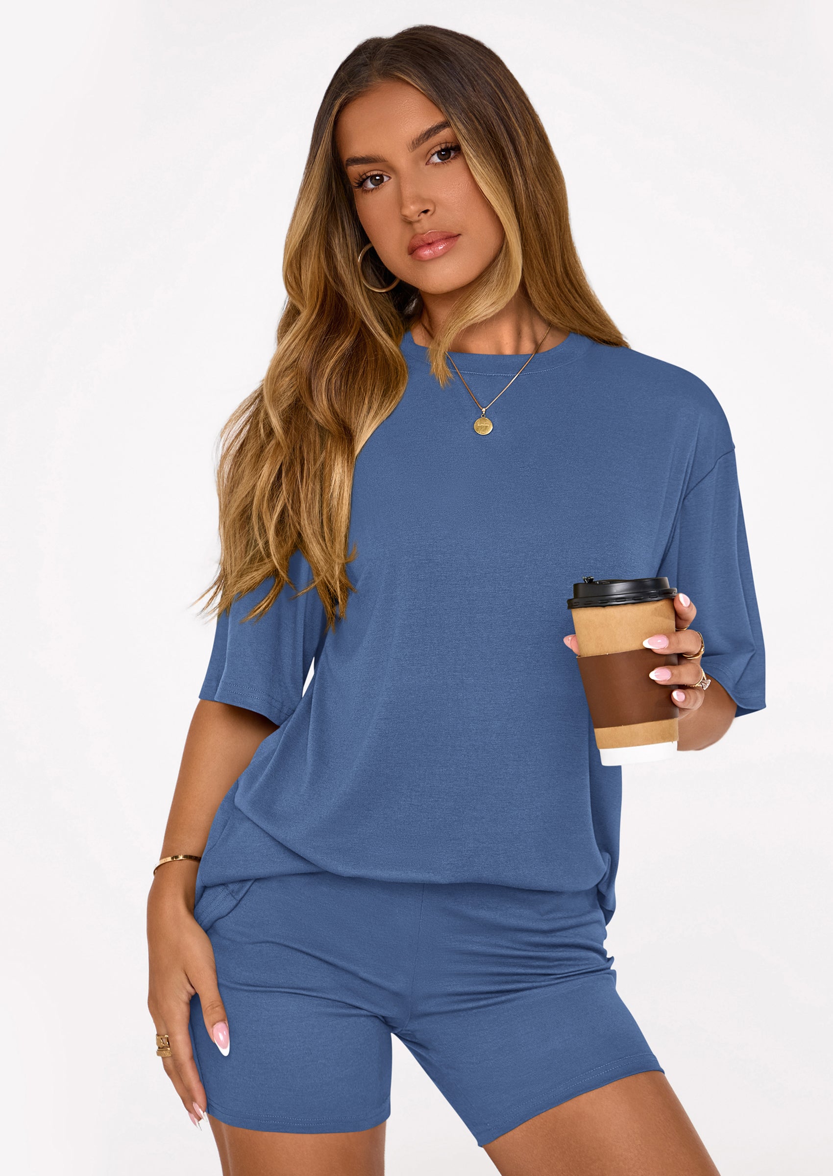 Women's Two Piece Matching Lounge Sets Summer Casual Tops Short Sleeve Shirts Shorts Travel Airport Outfits