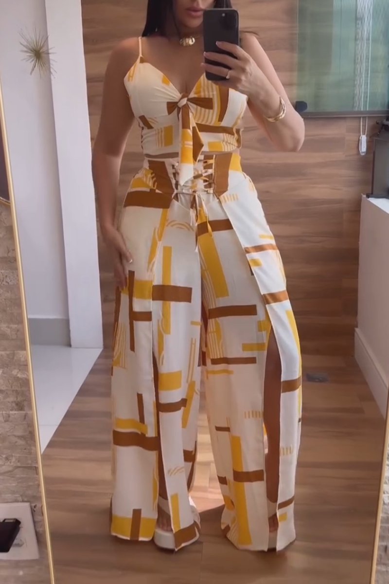 Women's Sexy Backless Twist Top Slit Wide Leg Pants Suit