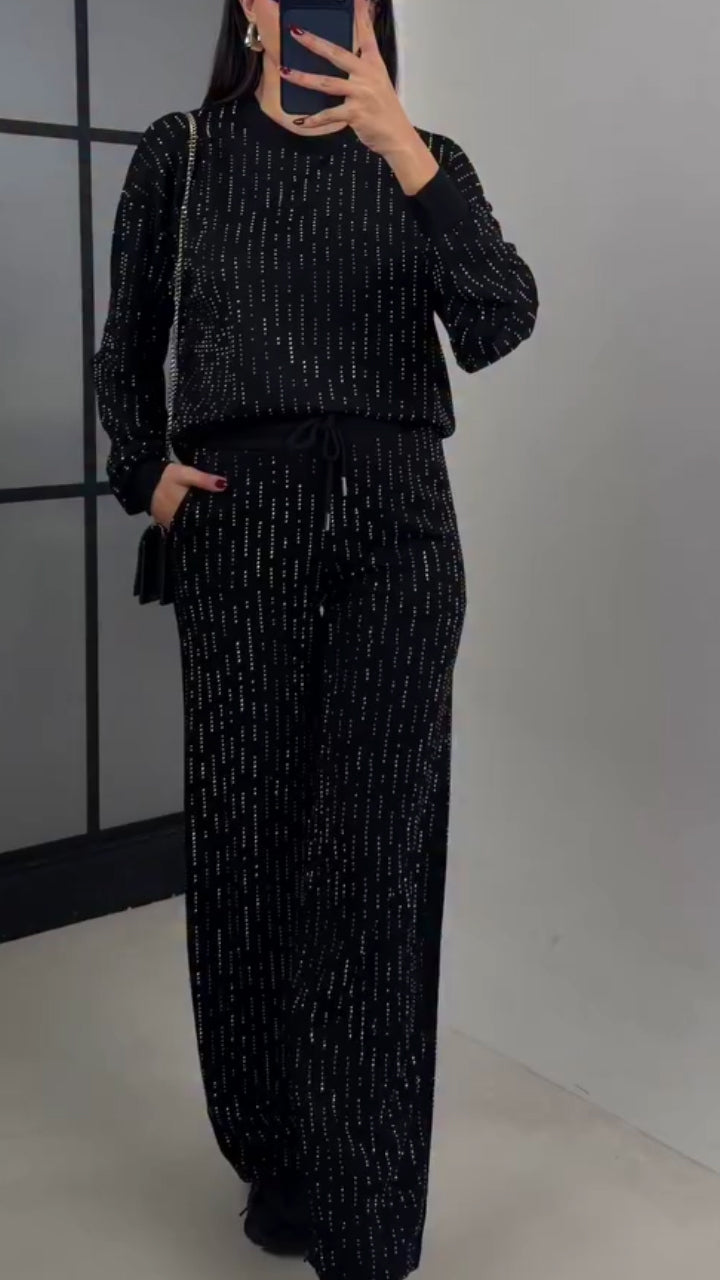 Women Round Neck Rhinestone Hot Stamping Casual Suit