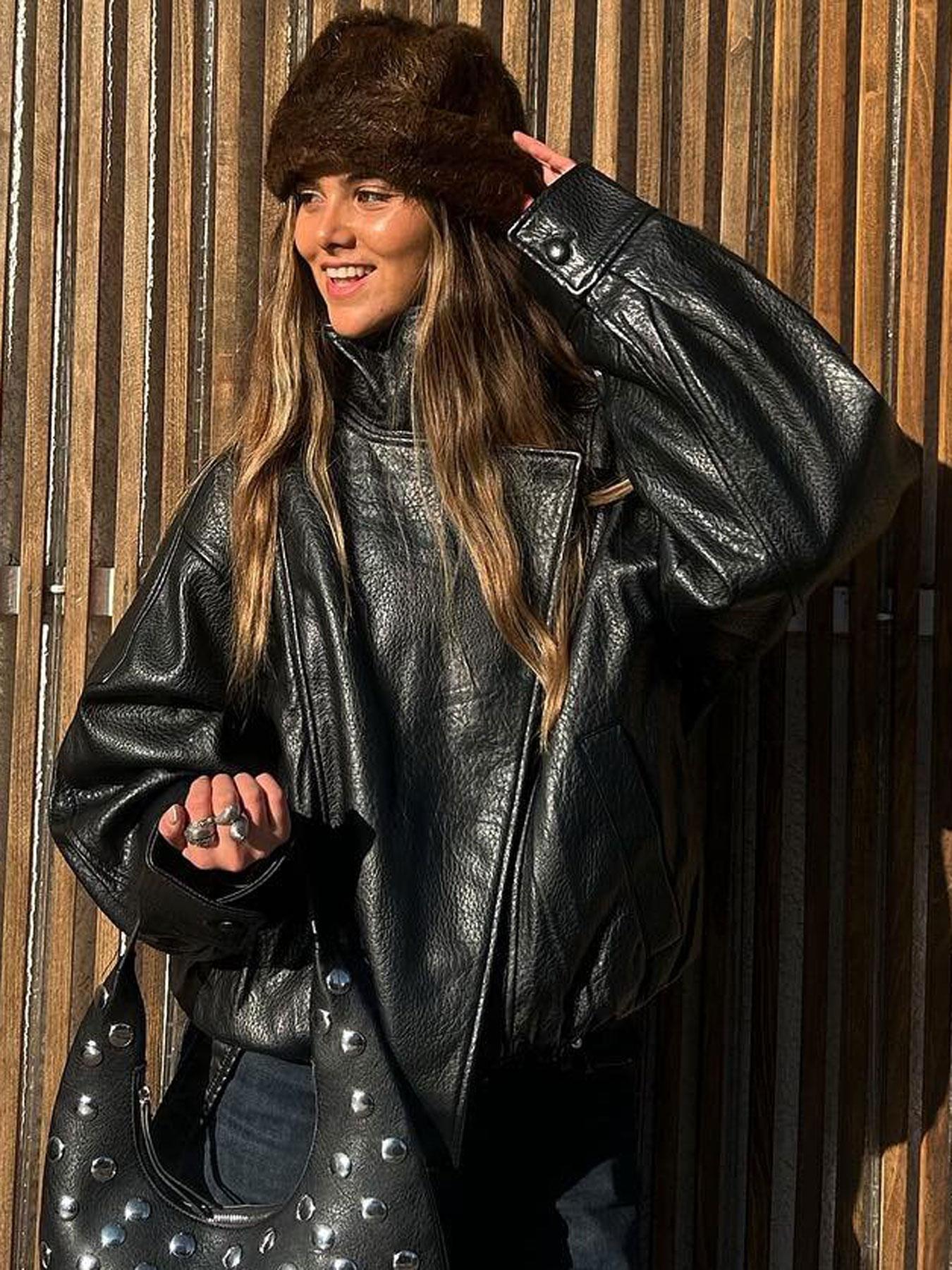 Bomb Jacket Black Faux Leather Jacket Stand Collar Oversized Moto Biker Jacket Elastic Hem Streetwear Casual Long Sleeve Waterproof Windproof Fashion Casual Outerwear for Spring & Fall, Ladies Clothes for Daily Wear