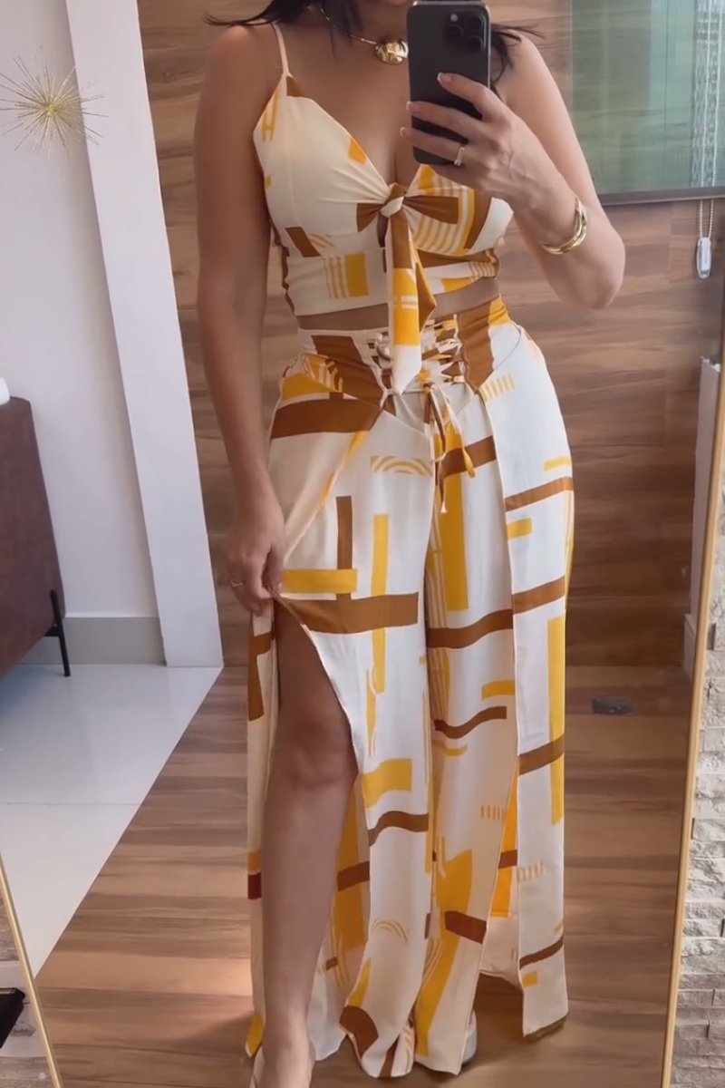 Women's Sexy Backless Twist Top Slit Wide Leg Pants Suit