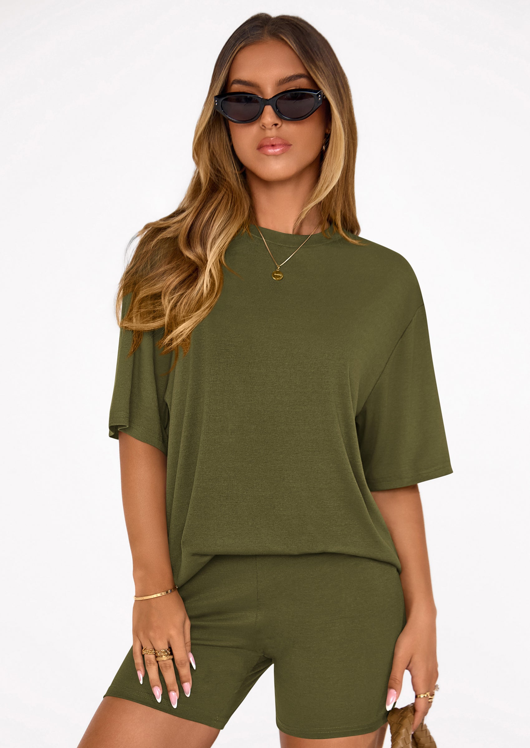 Women's Two Piece Matching Lounge Sets Summer Casual Tops Short Sleeve Shirts Shorts Travel Airport Outfits