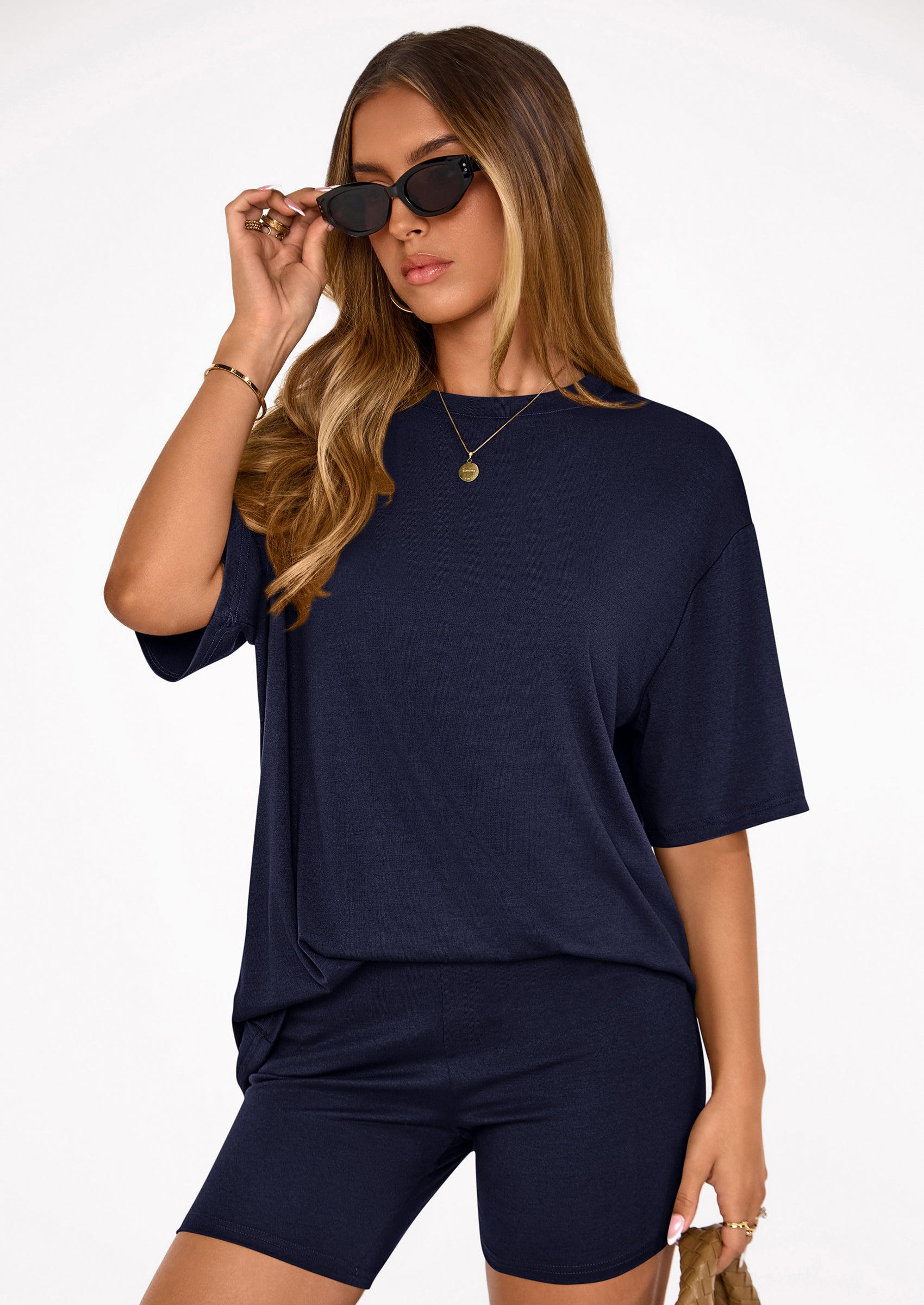 Women's Two Piece Matching Lounge Sets Summer Casual Tops Short Sleeve Shirts Shorts Travel Airport Outfits