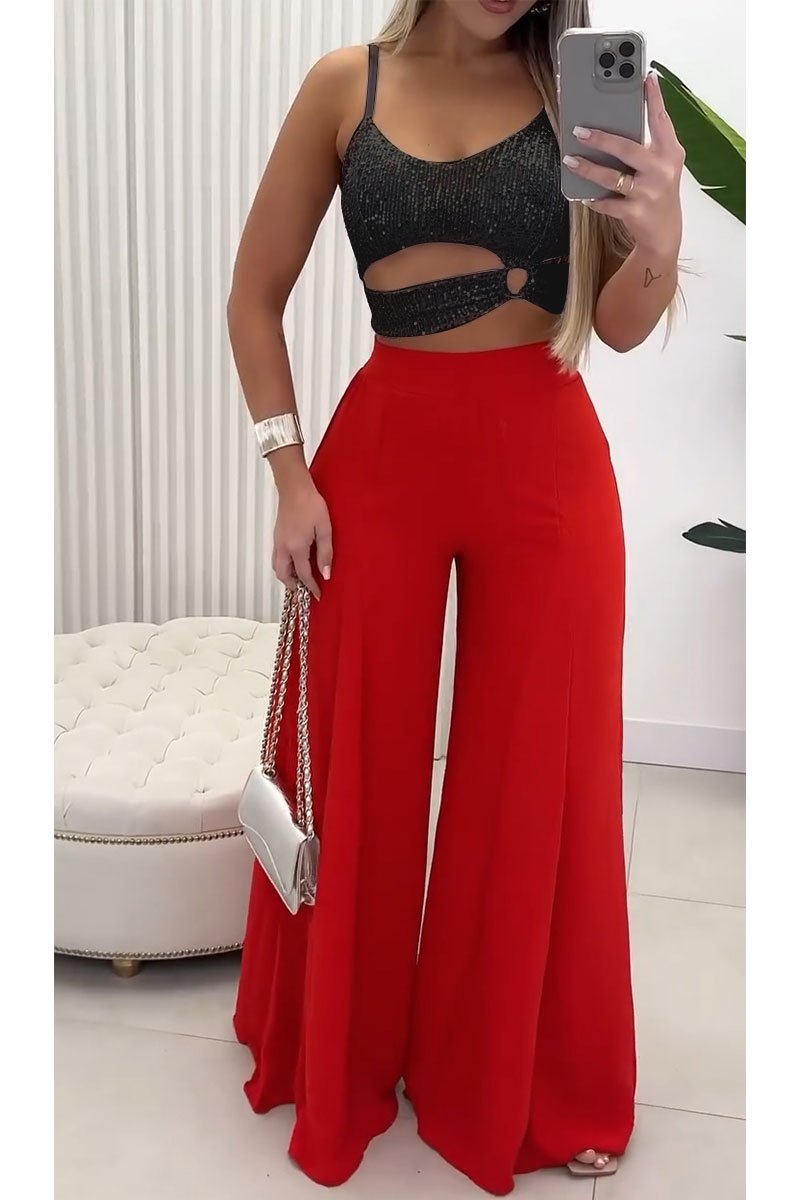 Women's Sexy Sequined Hollow Irregular Tank Top & Casual Wide Leg Pants