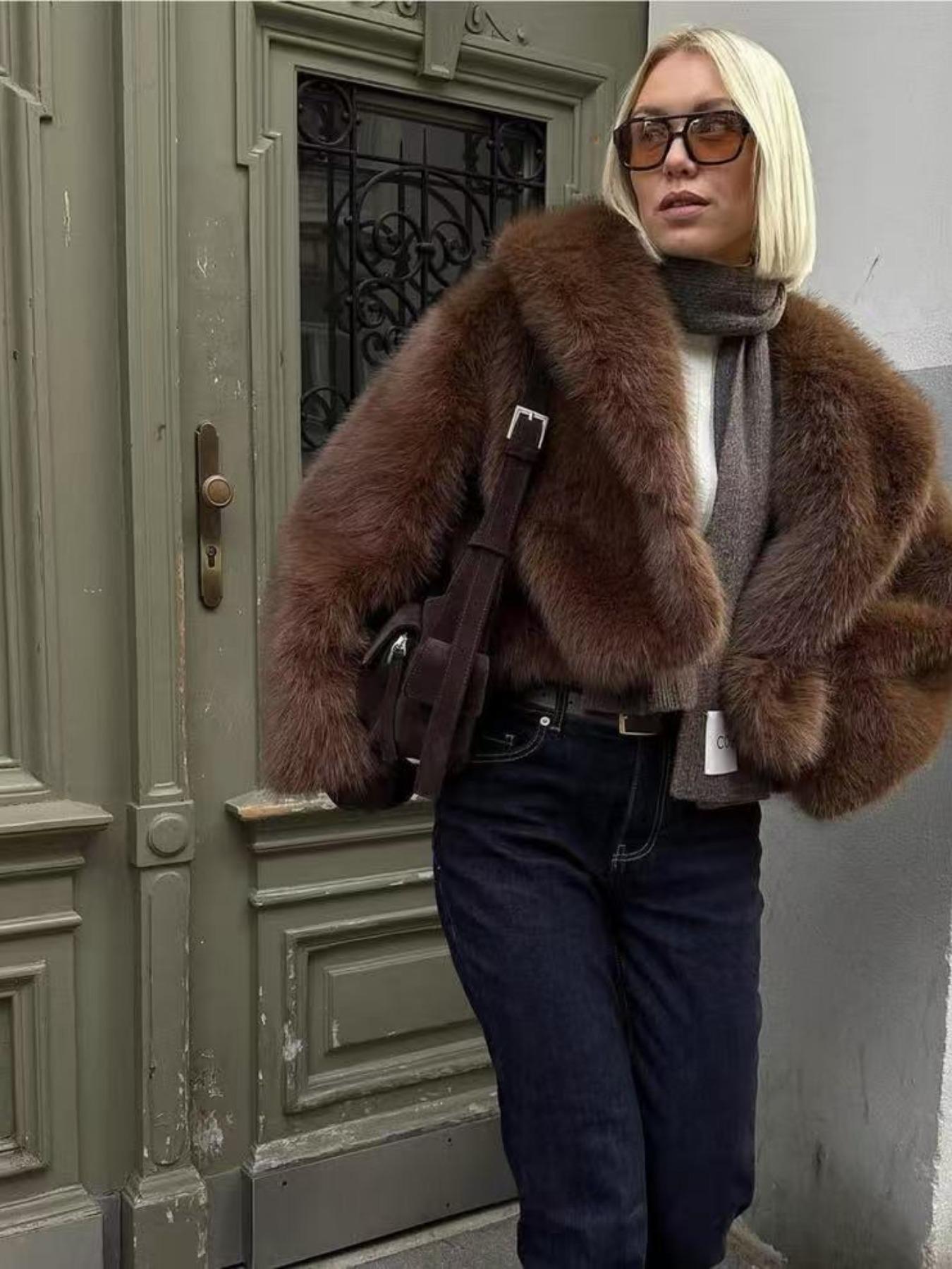 Women's Faux Fur Short Cropped Coat, Woven, Thick Warm Oversize Loose Fit Baggy Winter Jacket, Outerwear, Luxurious Look, New Fashion Trendy Design, Perfect for Cold Weather