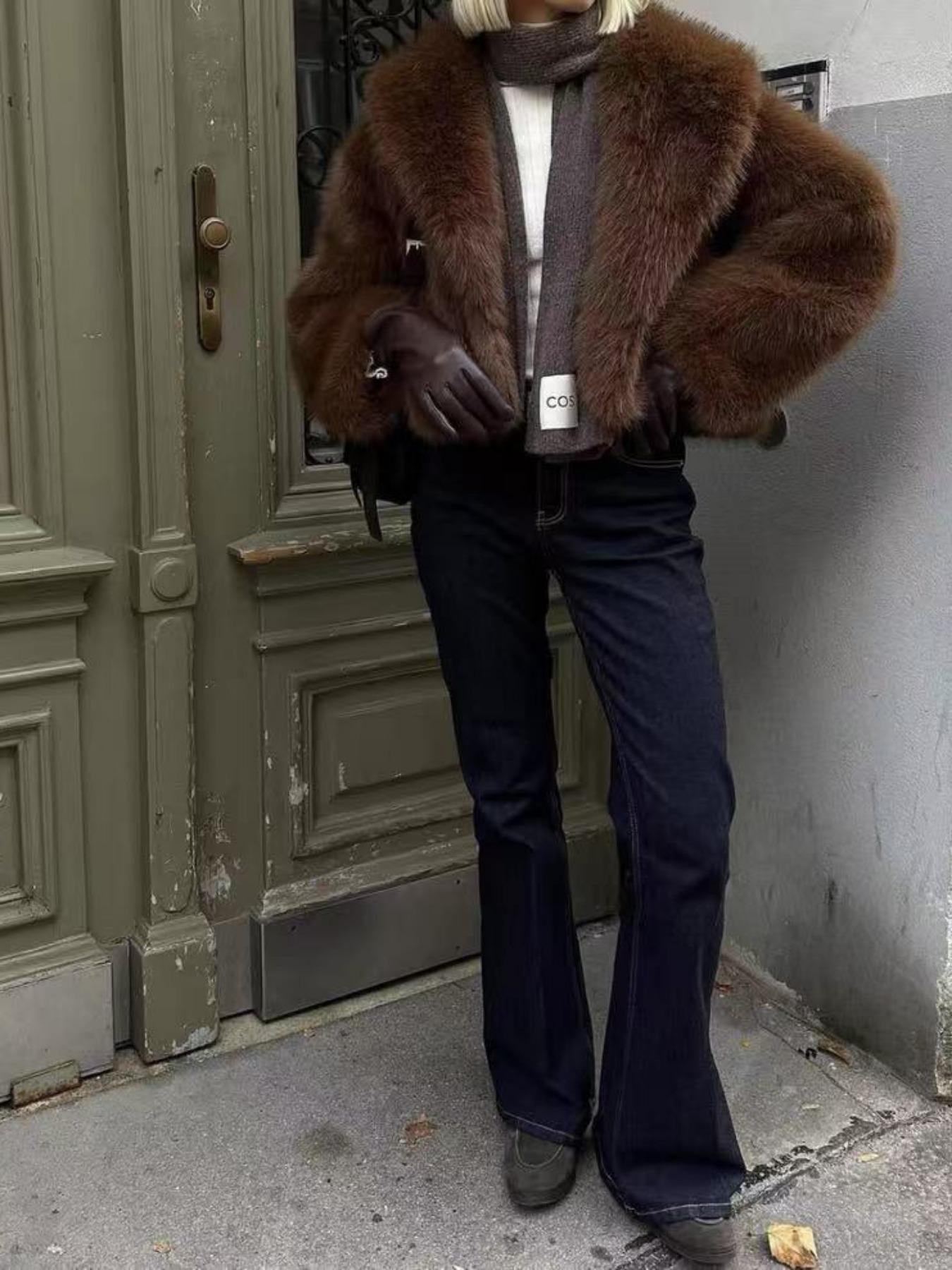 Women's Faux Fur Short Cropped Coat, Woven, Thick Warm Oversize Loose Fit Baggy Winter Jacket, Outerwear, Luxurious Look, New Fashion Trendy Design, Perfect for Cold Weather