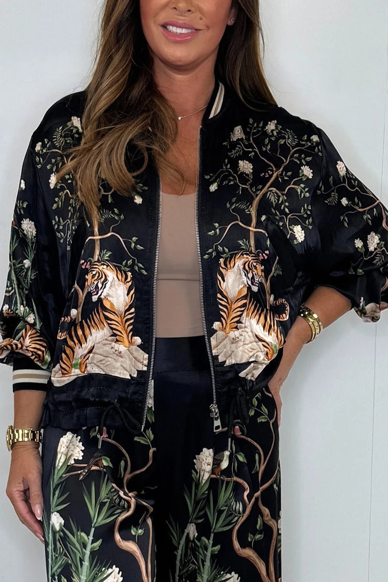 Women's Round Neck Satin Printed Casual Suit