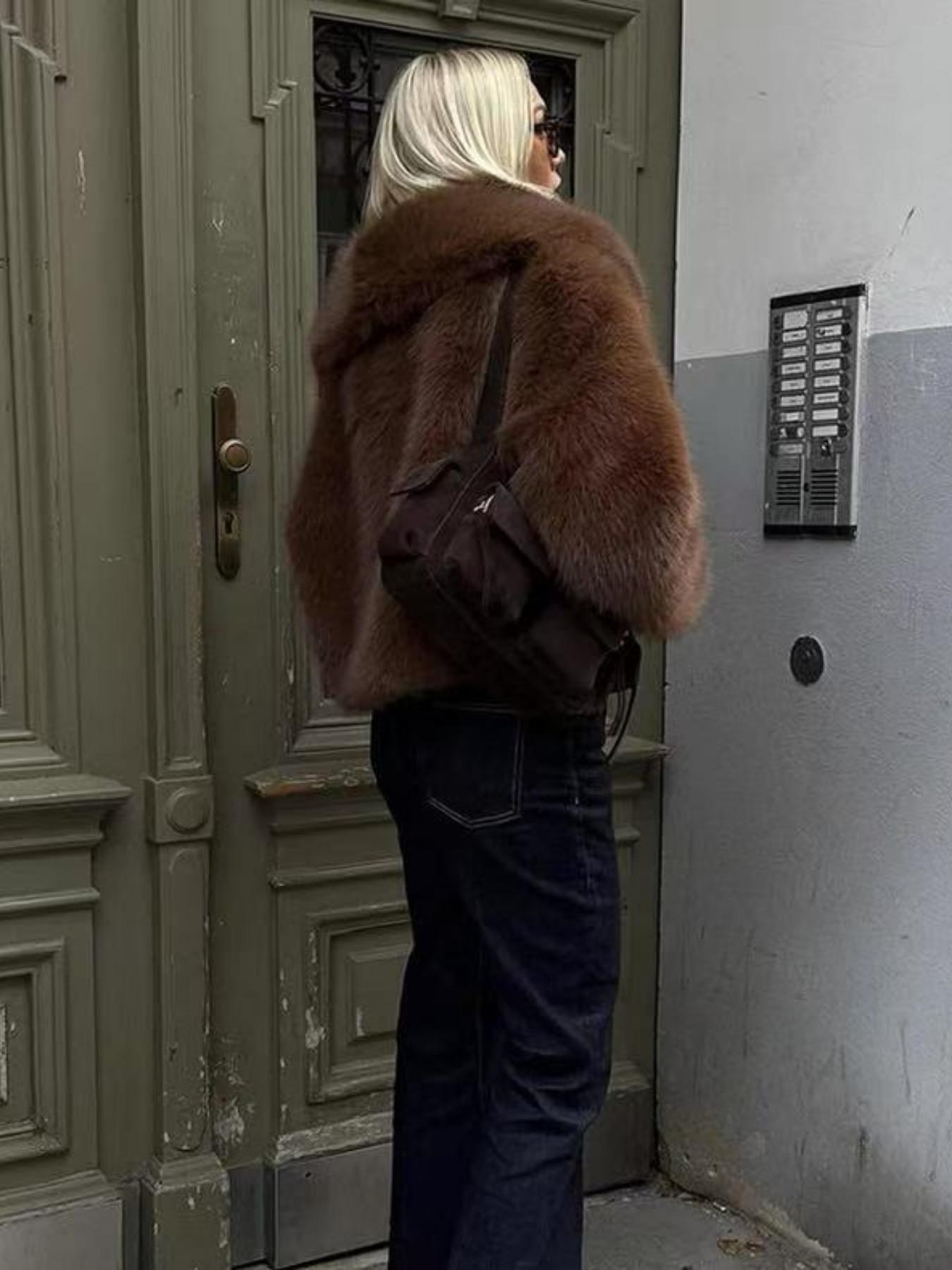 Women's Faux Fur Short Cropped Coat, Woven, Thick Warm Oversize Loose Fit Baggy Winter Jacket, Outerwear, Luxurious Look, New Fashion Trendy Design, Perfect for Cold Weather
