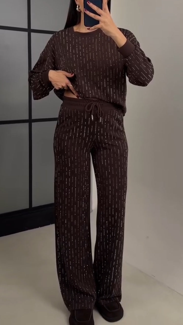 Women Round Neck Rhinestone Hot Stamping Casual Suit