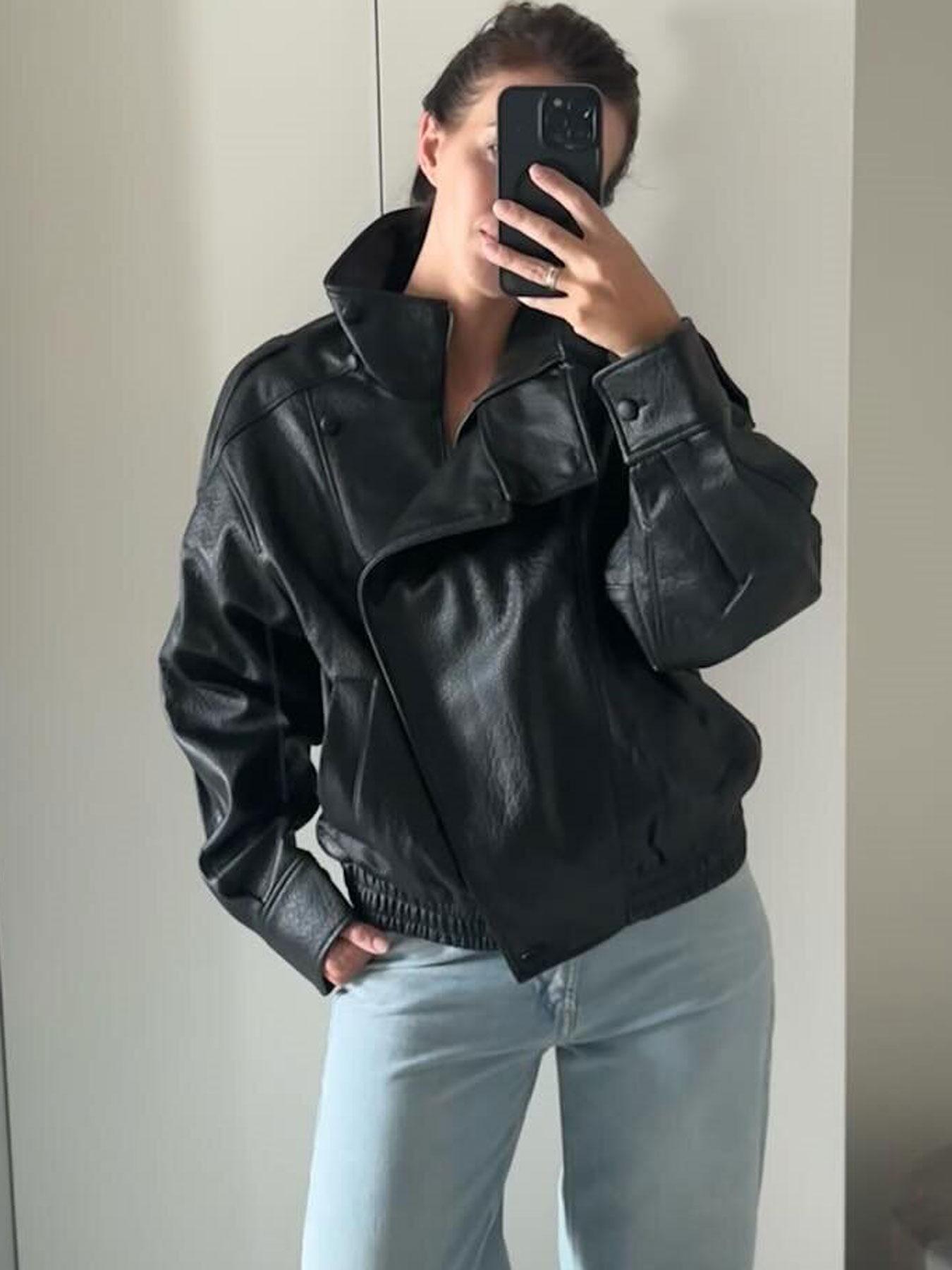 Bomb Jacket Black Faux Leather Jacket Stand Collar Oversized Moto Biker Jacket Elastic Hem Streetwear Casual Long Sleeve Waterproof Windproof Fashion Casual Outerwear for Spring & Fall, Ladies Clothes for Daily Wear