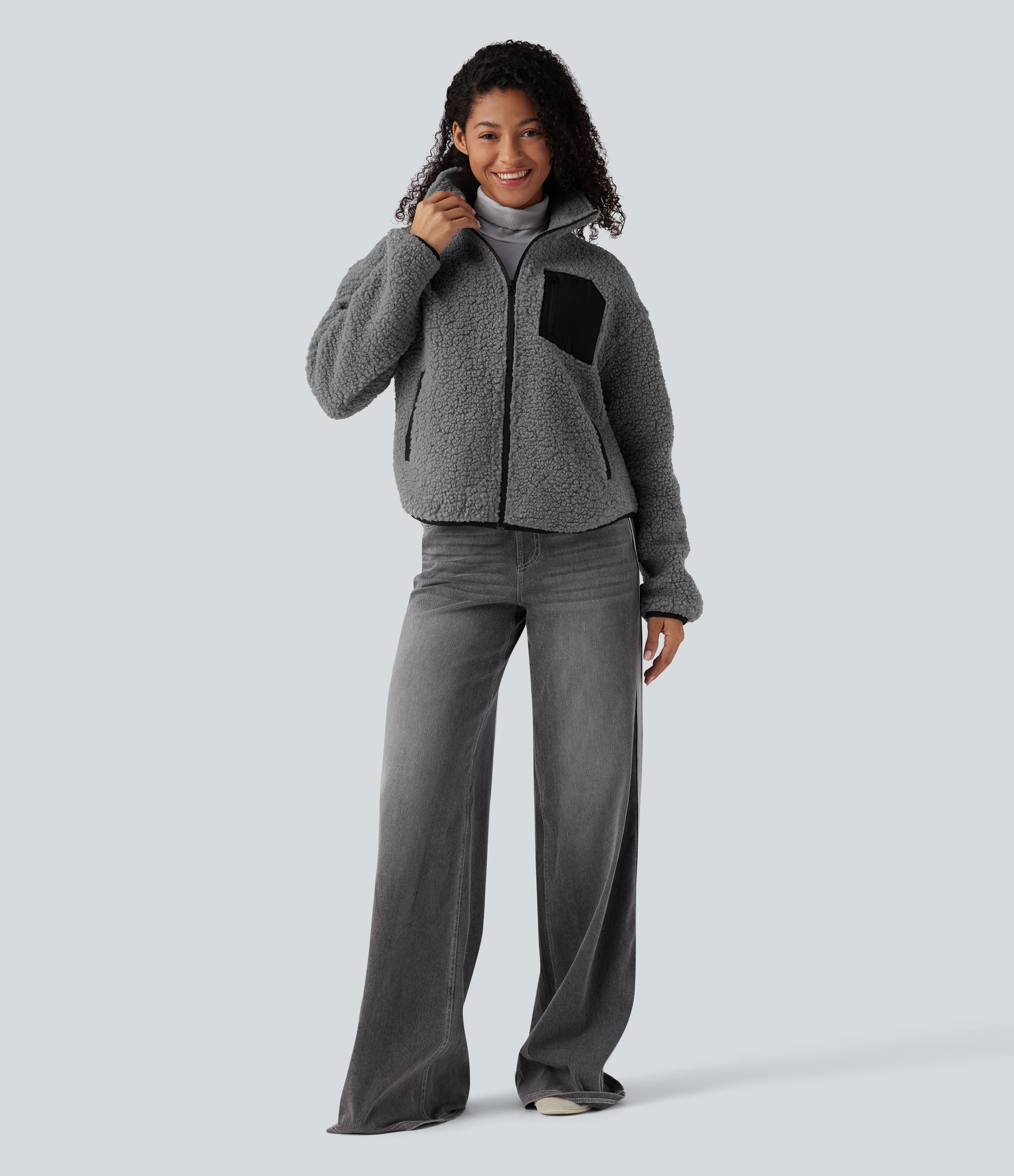 Turtleneck Long Sleeve Casual Sherpa Jacket with Pockets