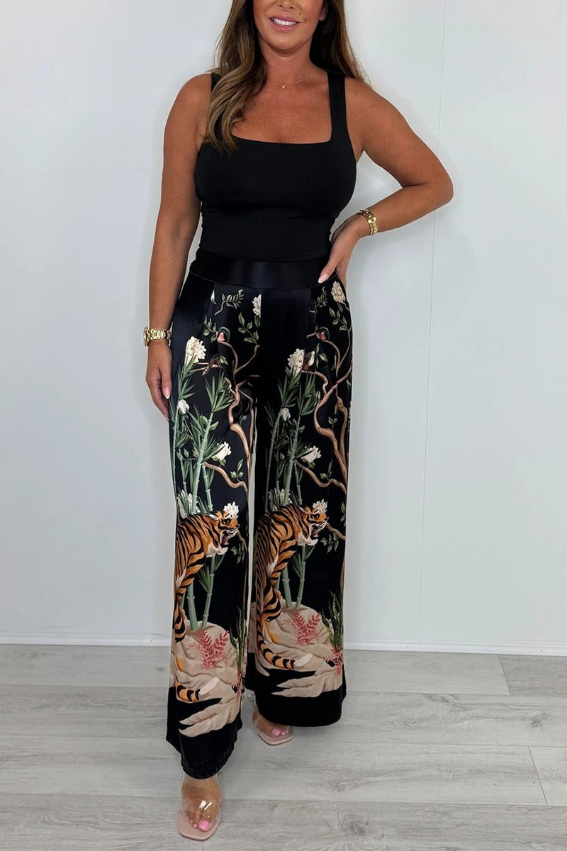 Women's Round Neck Satin Printed Casual Suit