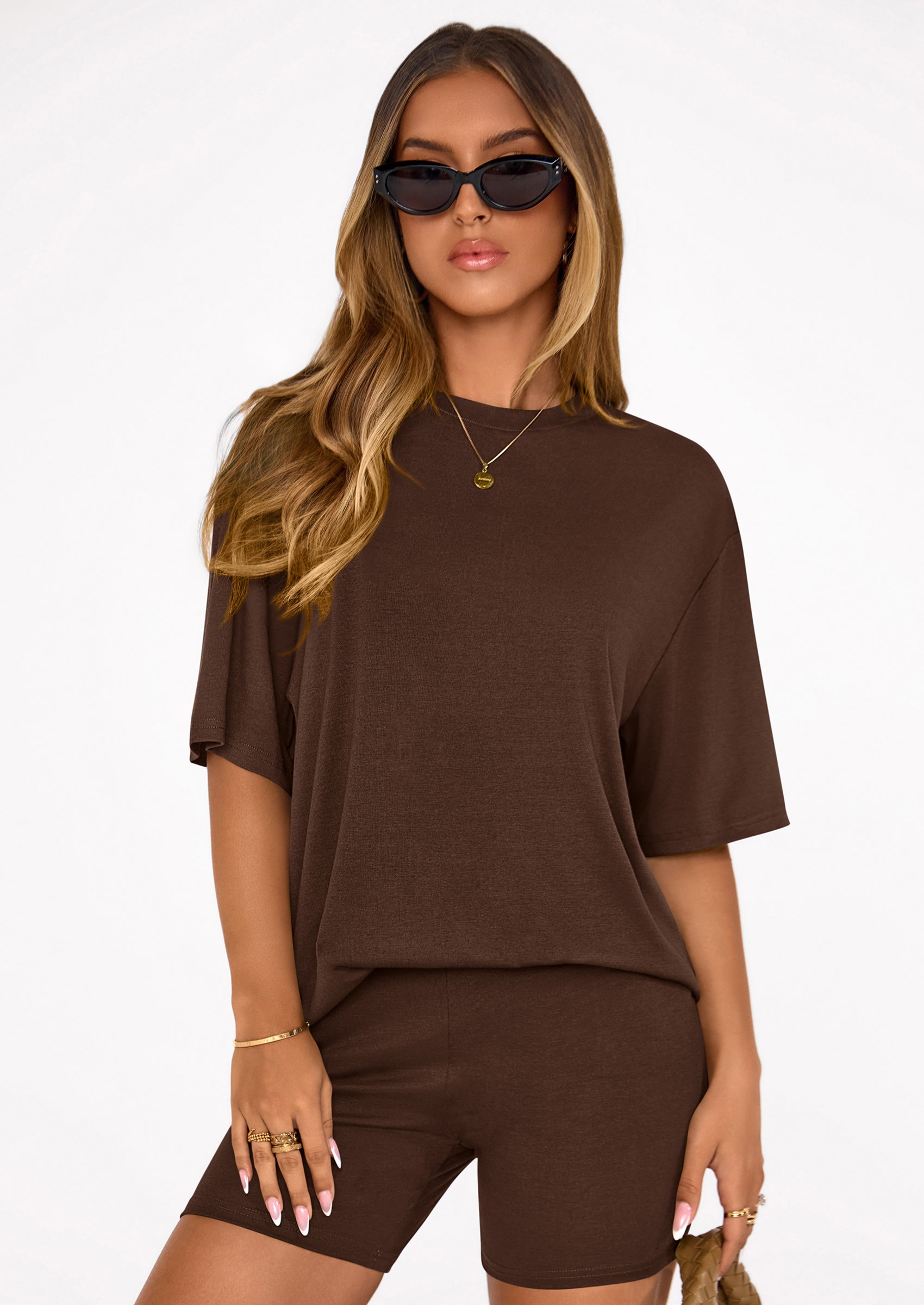 Women's Two Piece Matching Lounge Sets Summer Casual Tops Short Sleeve Shirts Shorts Travel Airport Outfits