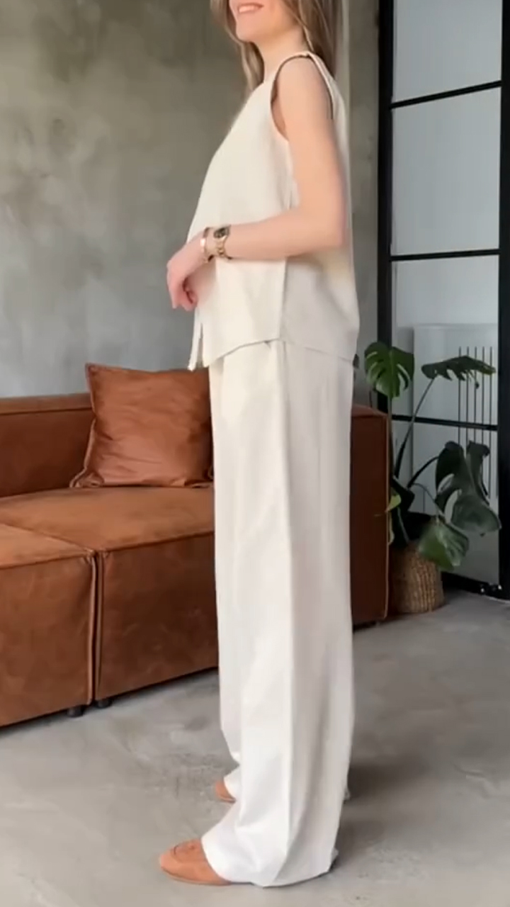 Women's Round Neck Slit Cotton and Linen Casual Suit