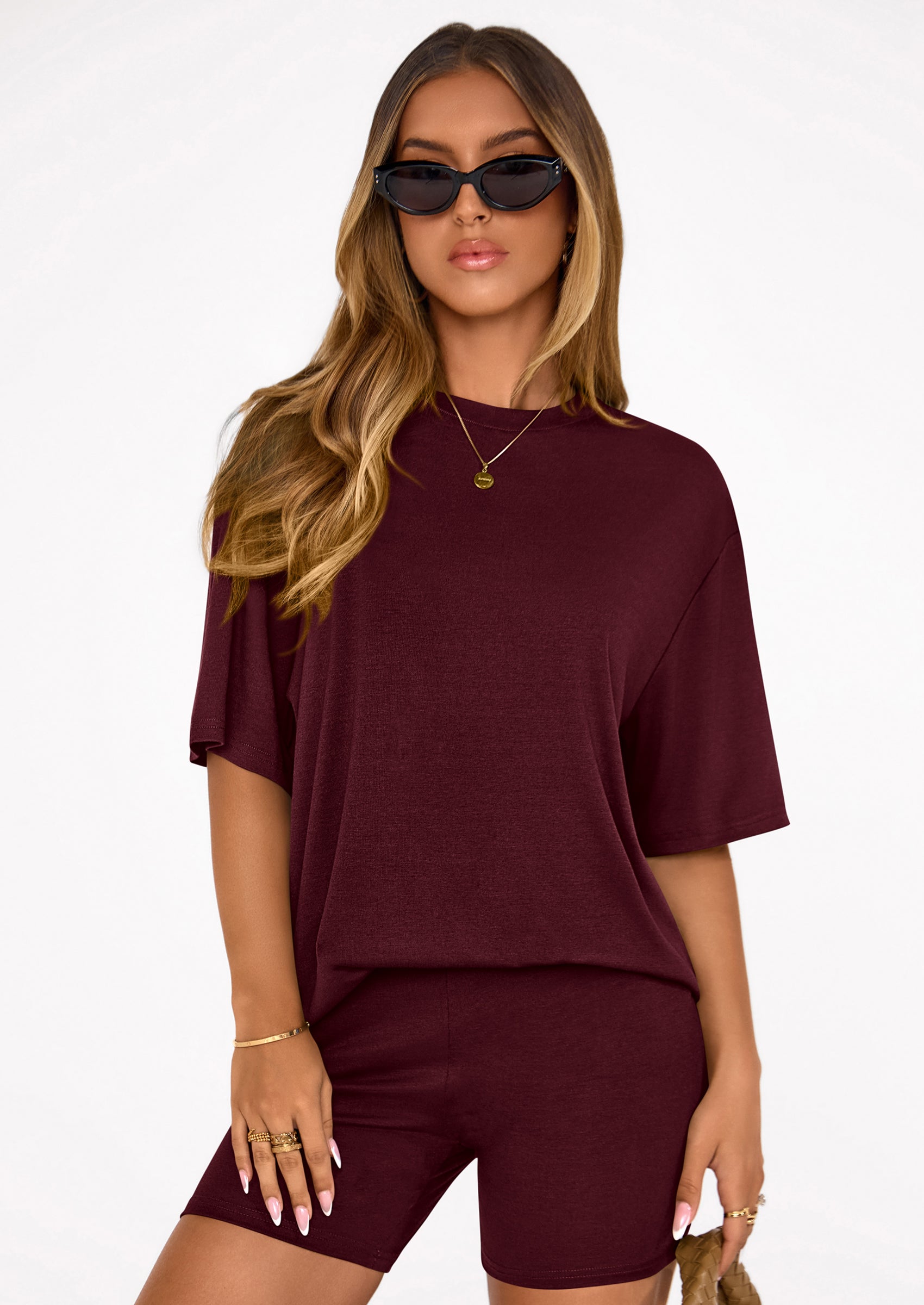 Women's Two Piece Matching Lounge Sets Summer Casual Tops Short Sleeve Shirts Shorts Travel Airport Outfits