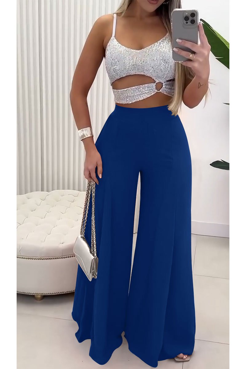 Women's Sexy Sequined Hollow Irregular Tank Top & Casual Wide Leg Pants