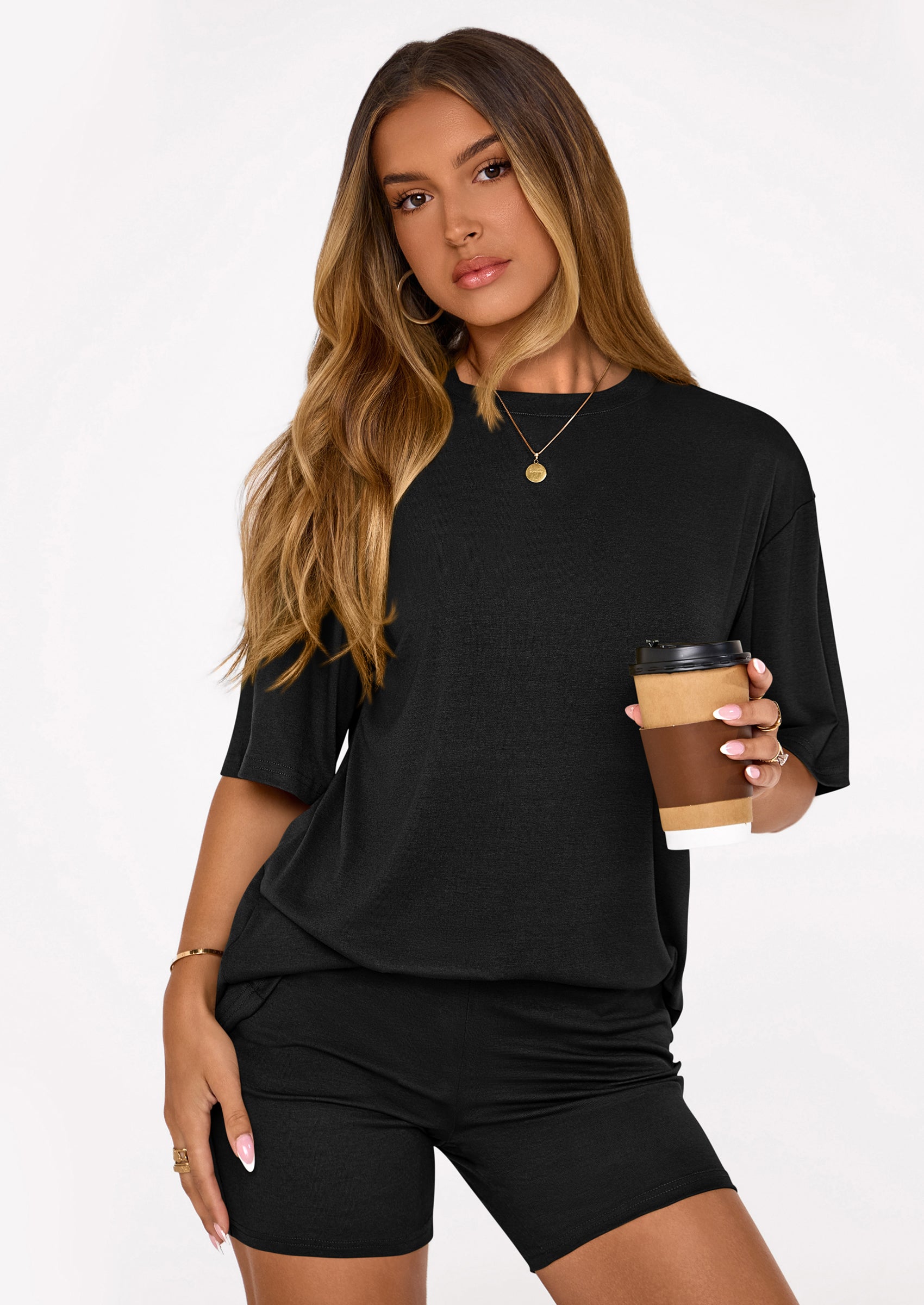 Women's Two Piece Matching Lounge Sets Summer Casual Tops Short Sleeve Shirts Shorts Travel Airport Outfits