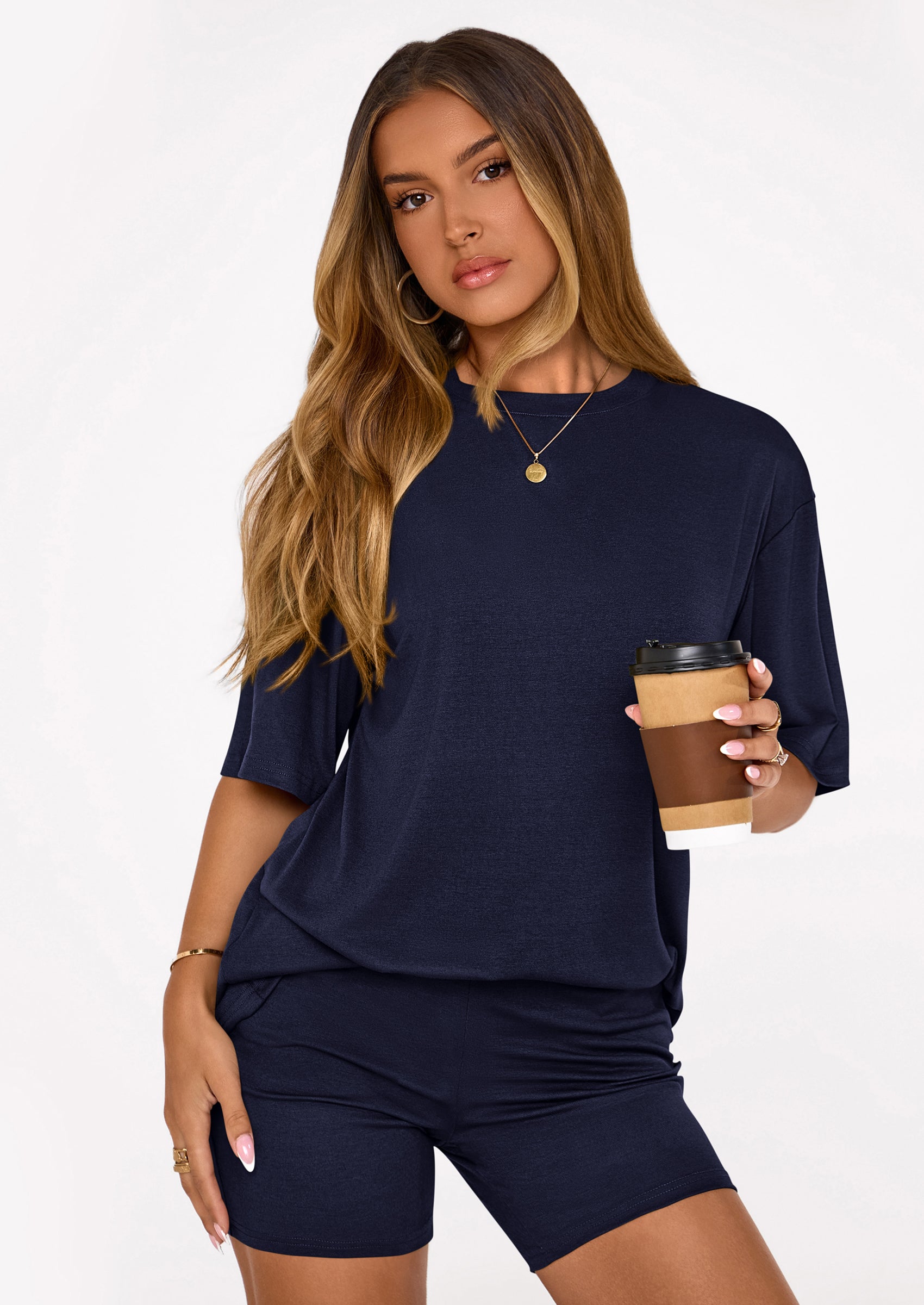 Women's Two Piece Matching Lounge Sets Summer Casual Tops Short Sleeve Shirts Shorts Travel Airport Outfits