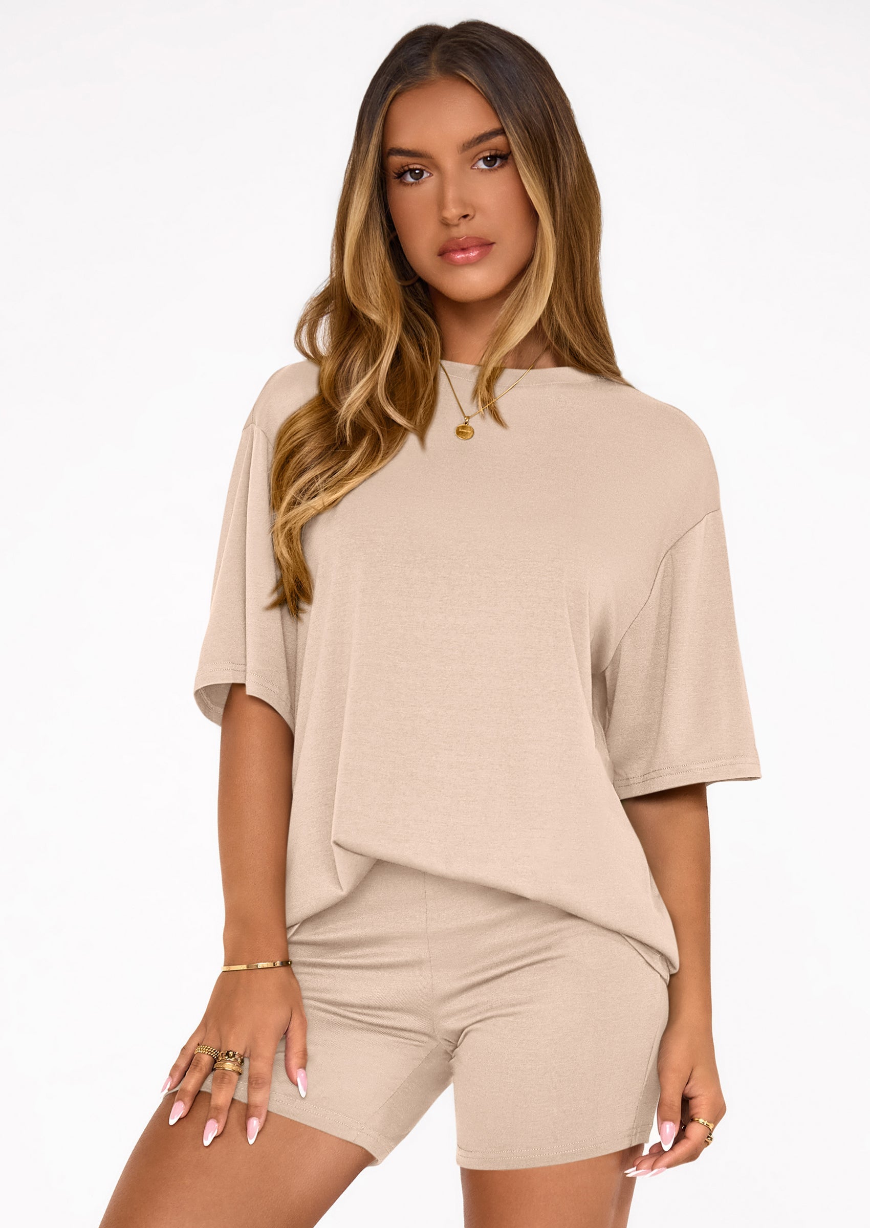 Women's Two Piece Matching Lounge Sets Summer Casual Tops Short Sleeve Shirts Shorts Travel Airport Outfits