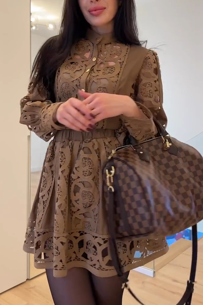 Women's Fashion Solid Color Hollow Lace Long Sleeve Skirt Two-piece Set