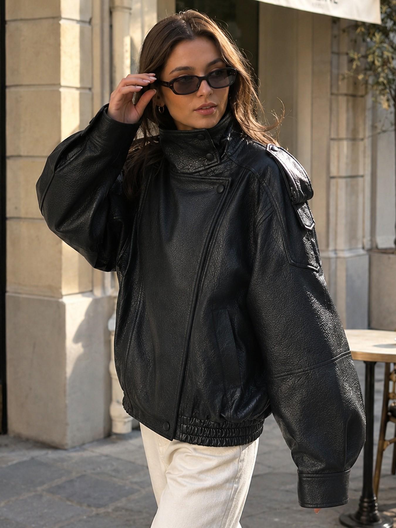 Bomb Jacket Black Faux Leather Jacket Stand Collar Oversized Moto Biker Jacket Elastic Hem Streetwear Casual Long Sleeve Waterproof Windproof Fashion Casual Outerwear for Spring & Fall, Ladies Clothes for Daily Wear